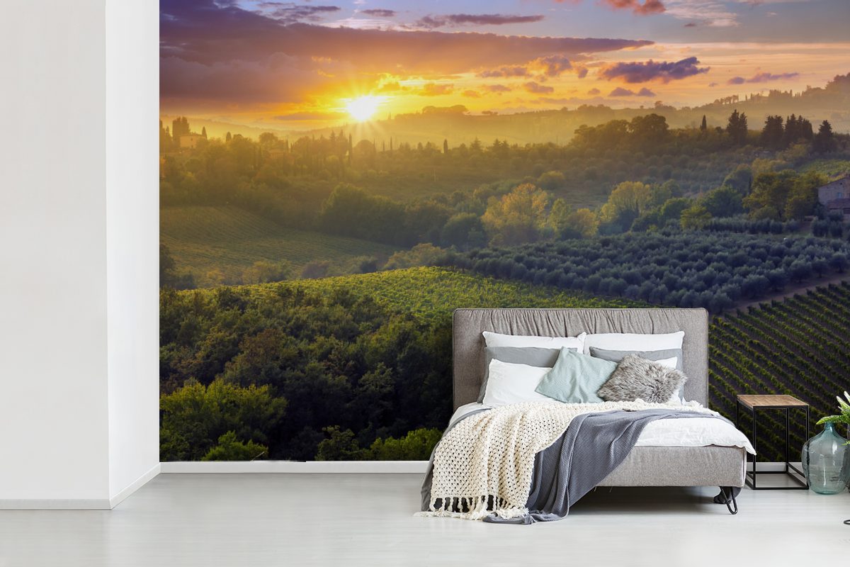 Landschaft (6 Matt, Wohnzimmer, St), - Schlafzimmer, Kinderzimmer, für bedruckt, Wallpaper Vinyl MuchoWow Sonne, Fototapete Toskana Tapete -