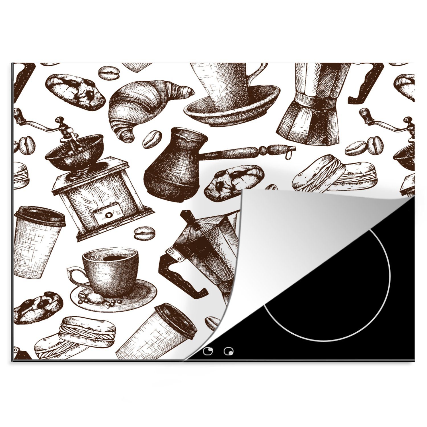 MuchoWow Herdblende-/Abdeckplatte Kaffee - Croissant - Muster, Vinyl, (1 tlg), 60x52 cm, Mobile Arbeitsfläche nutzbar, Ceranfeldabdeckung