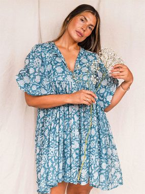 ZWY Sommerkleid Damen-Kleid mit V-Ausschnitt, lockerem Blumenmuster und großem Rock (Kleider, Frühlings- und Sommerkleider, Damenbekleidung)