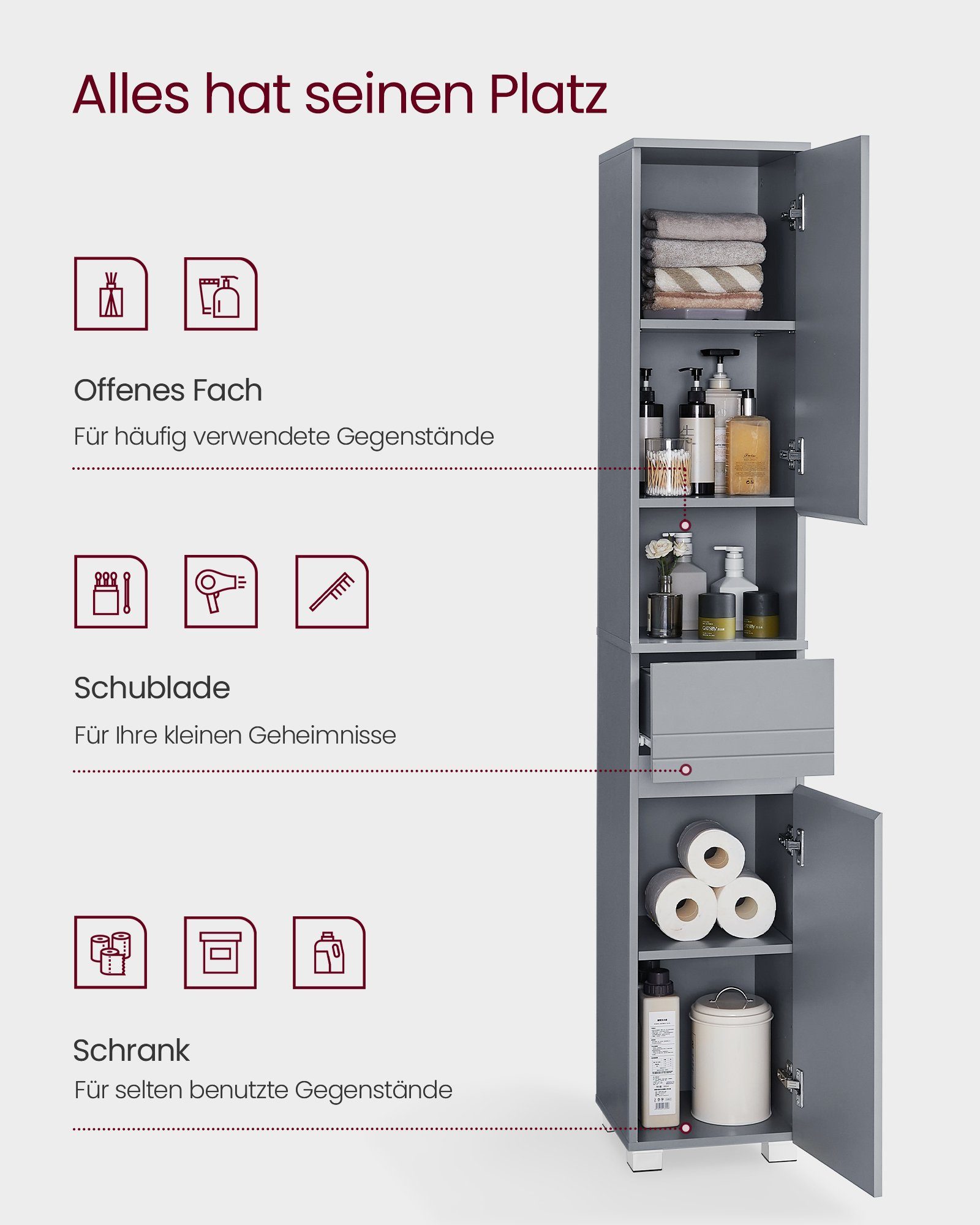 VASAGLE Badkommode Badezimmerschrank Badschrank verstellbare Ablagen, 30 x 30 x 170 cm, mit Einer Schublade, mystisches, Badezimmermöbel – Bild 3 von 5
