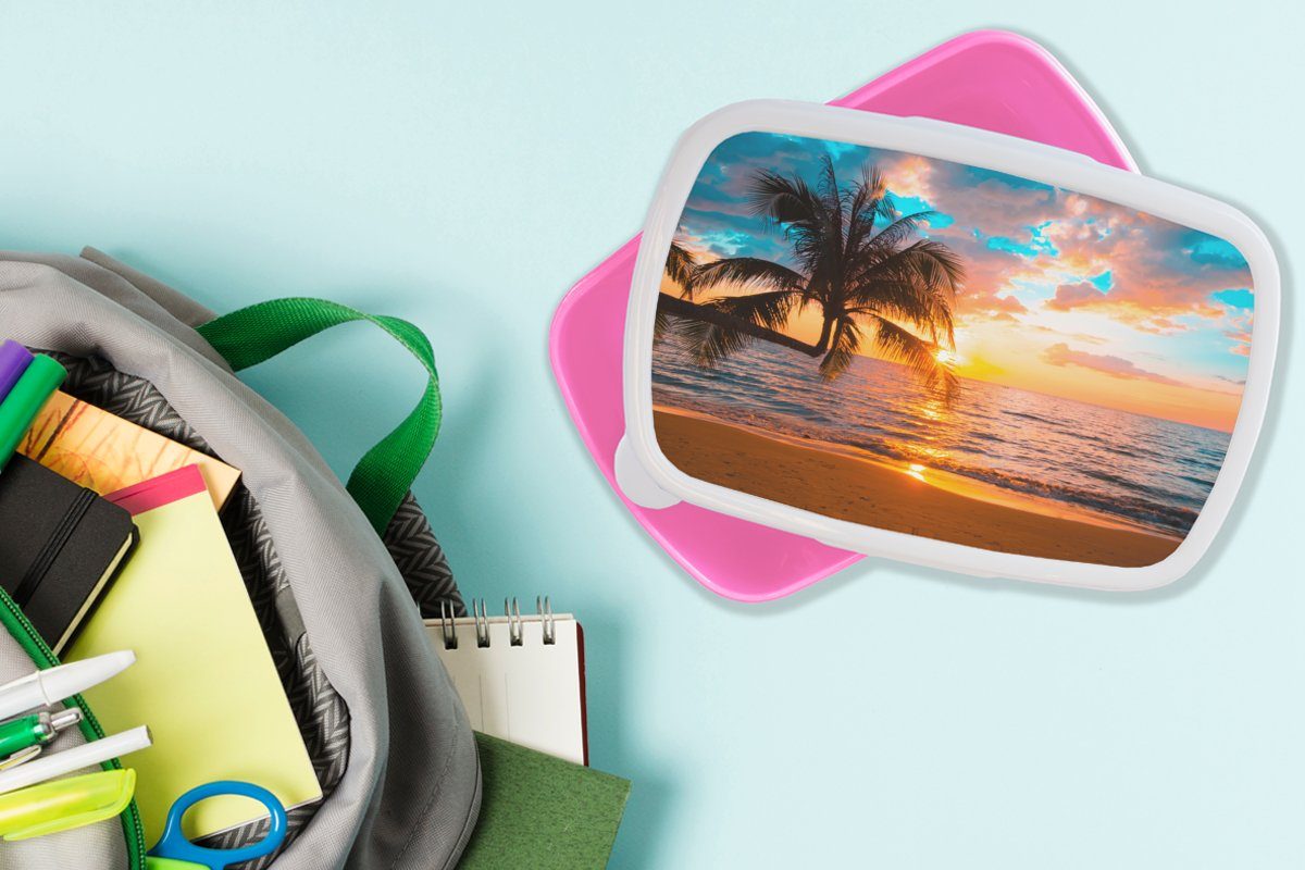 MuchoWow Lunchbox Palme - für - Erwachsene, Snackbox, (2-tlg), Kinder, Strand rosa Meer - Brotdose Sonnenuntergang Mädchen, Horizont - Kunststoff, Kunststoff - Tropisch, Brotbox