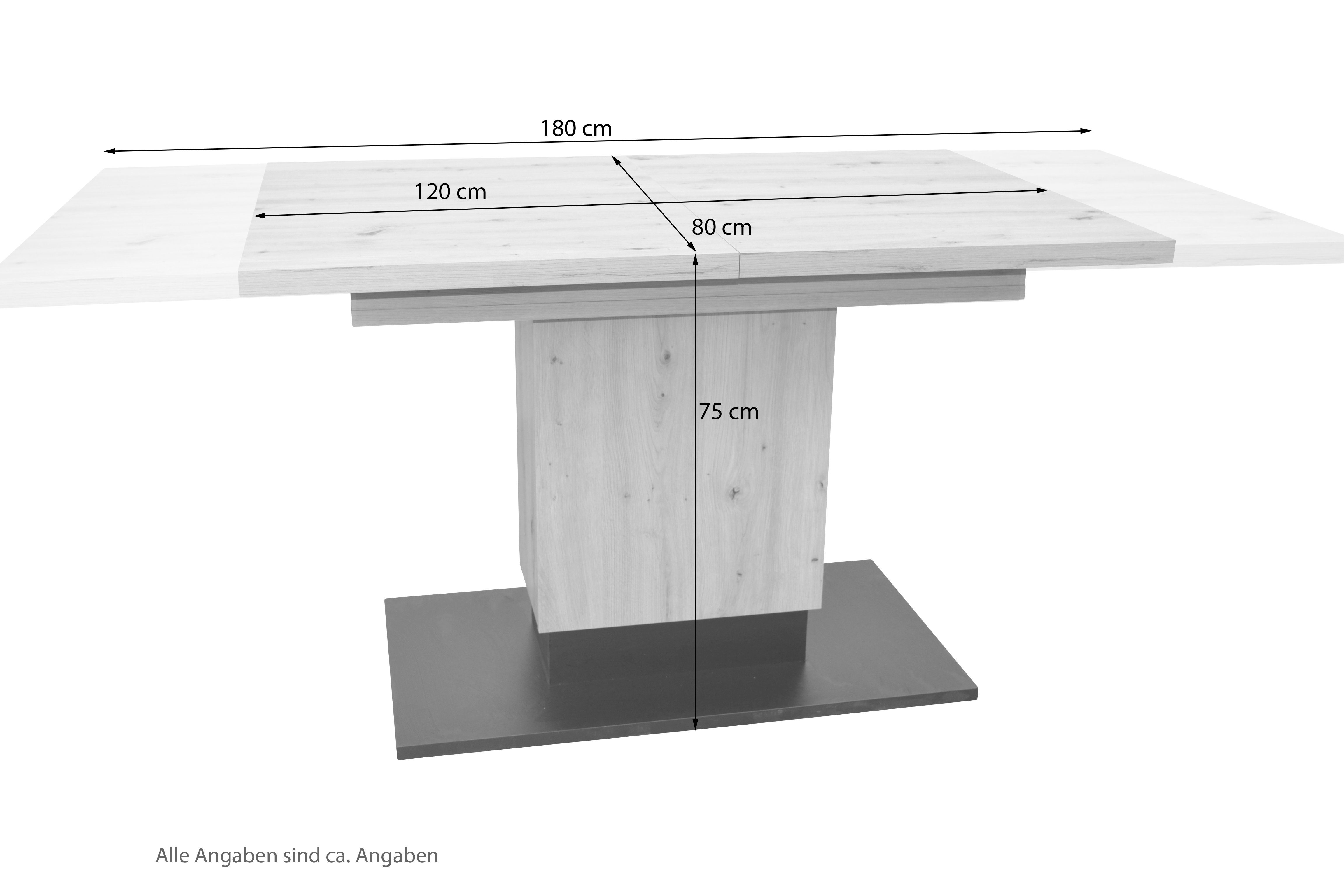 moebel-direkt-online Säulen-Esstisch von 180 120 zwei bis Einlegeplatten, Hannes cm) (Inklusive ausziehbar