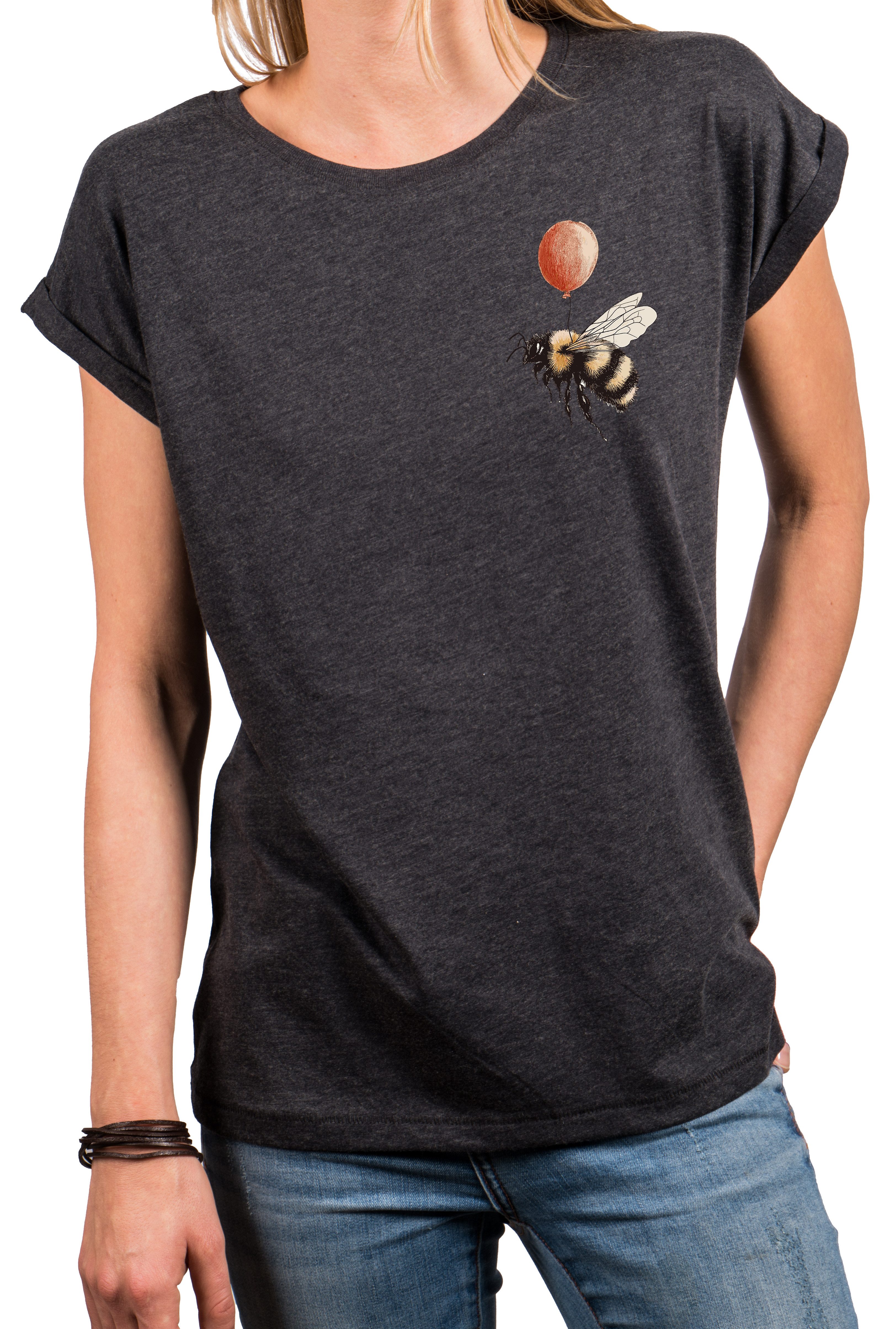 MAKAYA T-Shirt Damen-Top mit kleinem Hummel-Print – lustiges, freches Sommer-Motiv (Weiß, Rosa, Hellgrau, Grün, Dunkelgrau, Blau, 34, 36, 38, 40, 42, 44, 46, 48, 50) Baumwolle