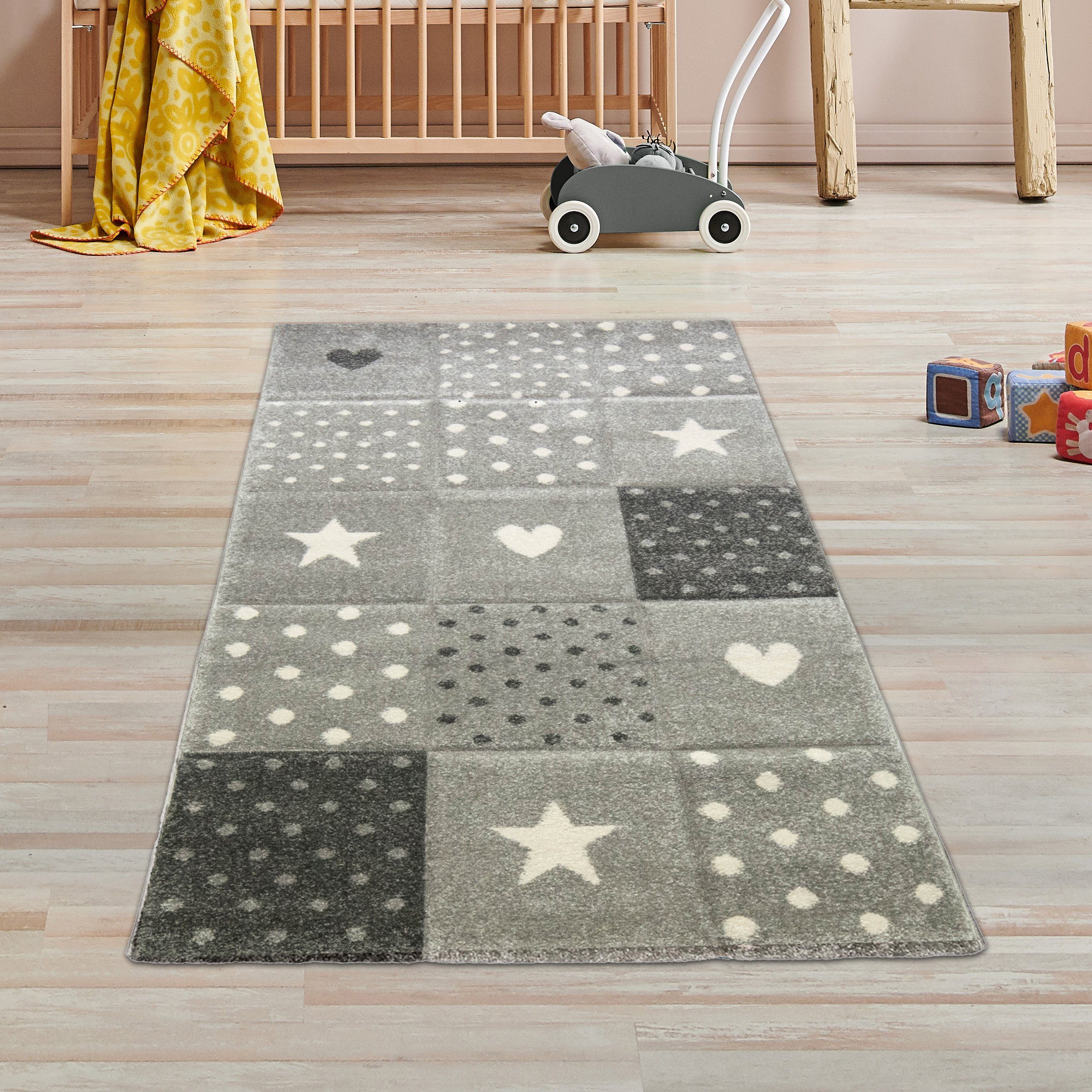 Kinderteppich Kinderzimmer Teppich Herz Stern creme schwarz grau,  TeppichHome24, rechteckig, Höhe: 13 mm