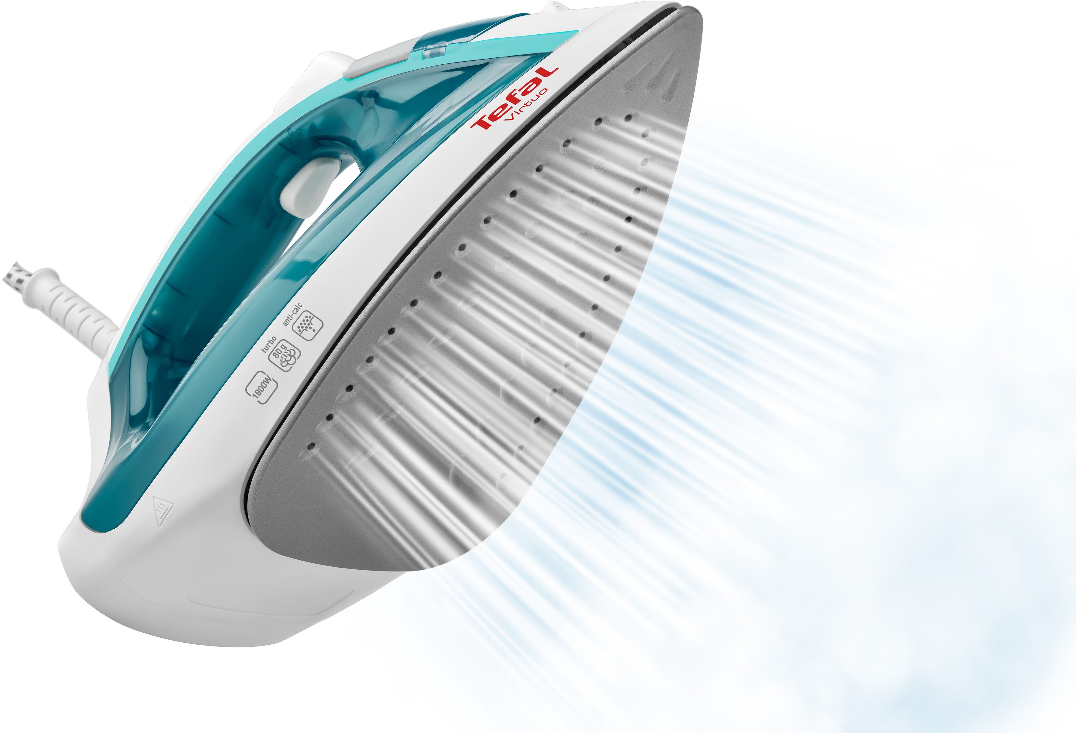 Tefal Dampfbügeleisen FV1710 Virtuo, 1800 Watt, 80 g/Min. Dampfstoß, 1800 W, 20 g/Min. kontinuierlicher Dampf, Antihaft-Bügelsohle, weiß/türkis