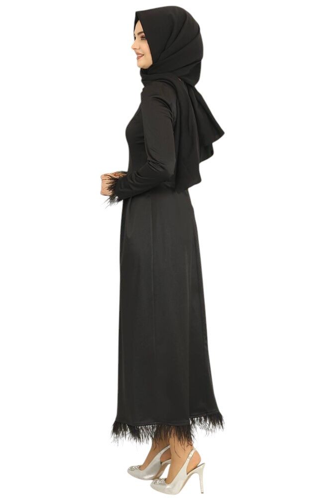 fashionshowcase Satinkleid Damen Abendkleid schlicht Abiye Abaya Modest Fashion Federdetails am Saum und an den Ärmelabschlüssen
