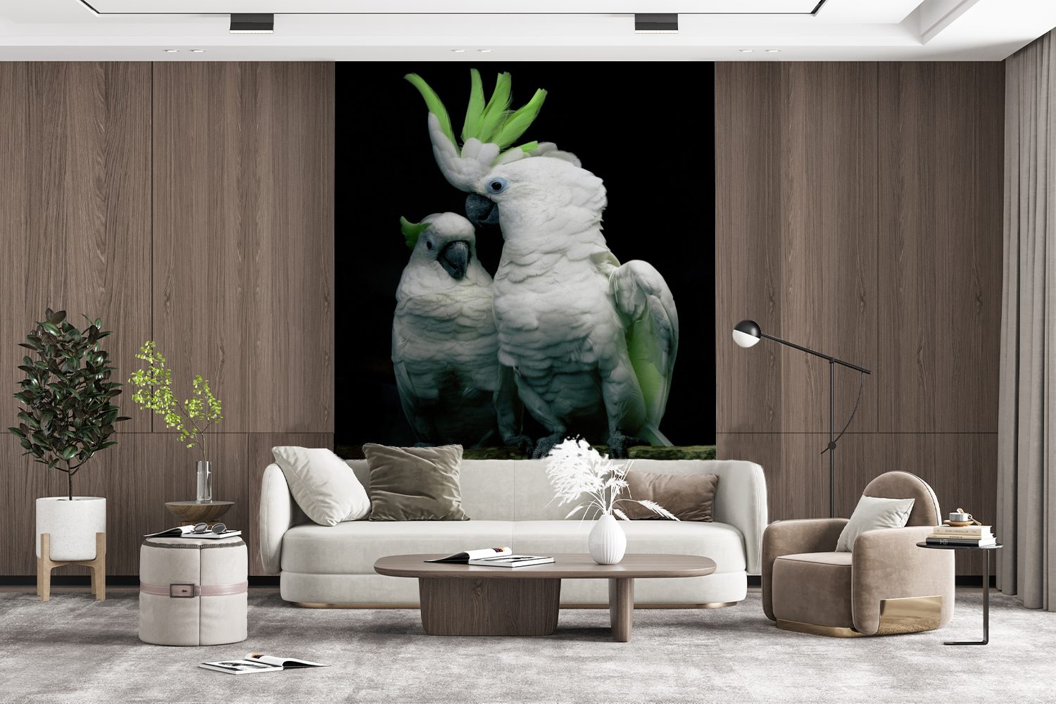 Wohnzimmer, MuchoWow Wandtapete bedruckt, schwarzem Kakadus Montagefertig für St), Vinyl Fototapete Matt, (4 Tapete auf Grüne Hintergrund,