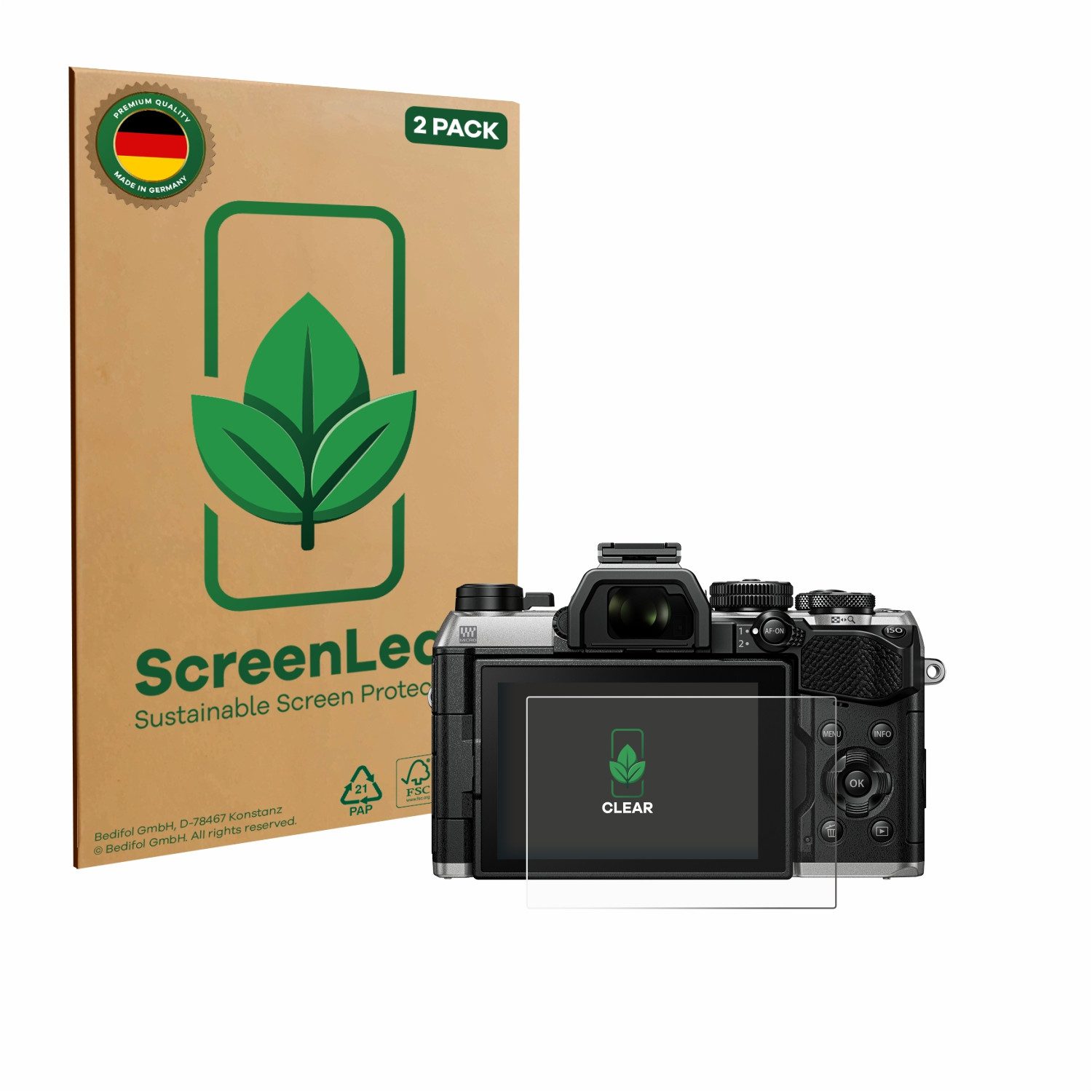 ScreenLeaf Displayschutzfolie Schutzfolie für Olympus OM System OM-5 Mark II, 2 Stück, nachhaltiger Displayschutz Schutz Folie Klar Transparent