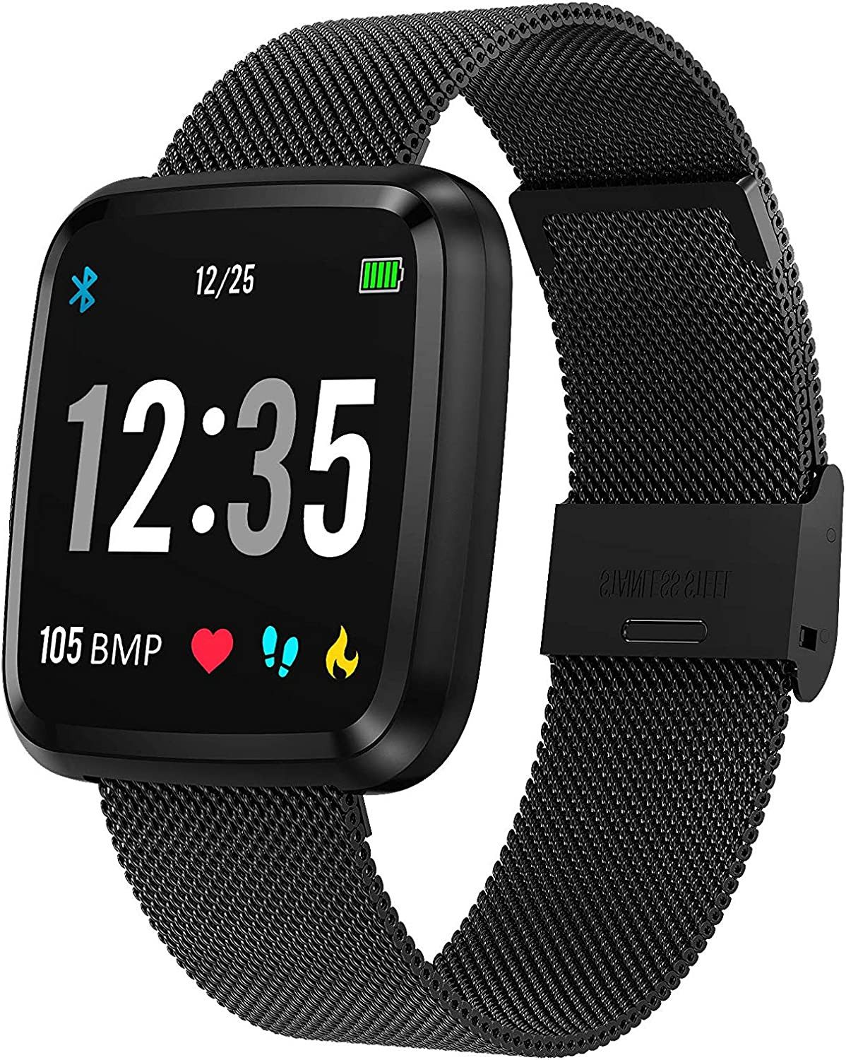 novasmart Fitness-Tracker runR III Smartwatch FitnessTracker HD-Bildschirm Sportuhr Android, iOS, mit schwarzem Edelstahl-Armband