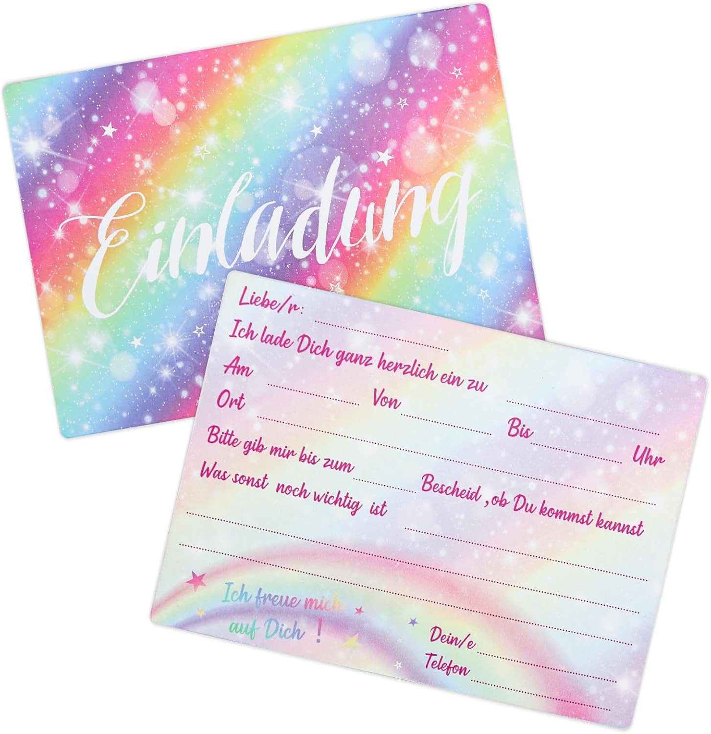 aitsite Einladungskarten 12er Set Einladungskarten Kindergeburtstag Regenbogen Doodle Party, 12er Set Kinder Einladungskarten Regenbogen Design, beschreibbar, bunt