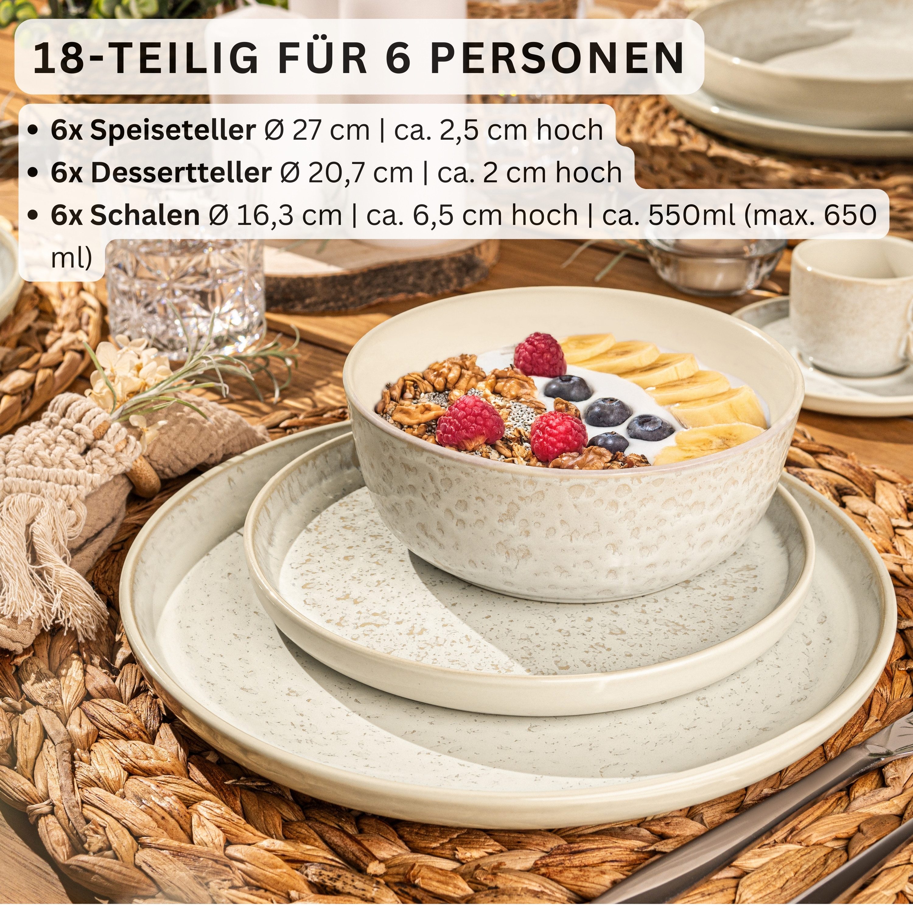 SÄNGER Tafelservice Key West, Creme mit sandiger Maserung (18-tlg), 6 Personen, Steingut, VALUE COLLECTION