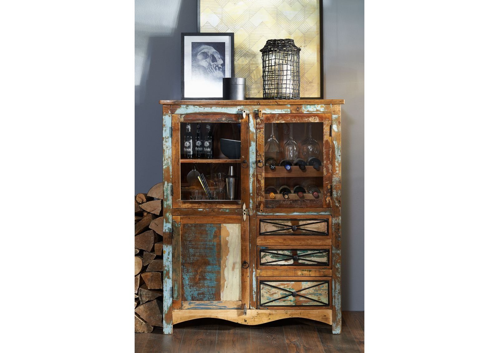 Massivmoebel24 Highboard NATURE OF SPIRIT (Massivholz), Altholz 106x45x136 mehrfarbig lackiert NATURE OF SPIRIT #113