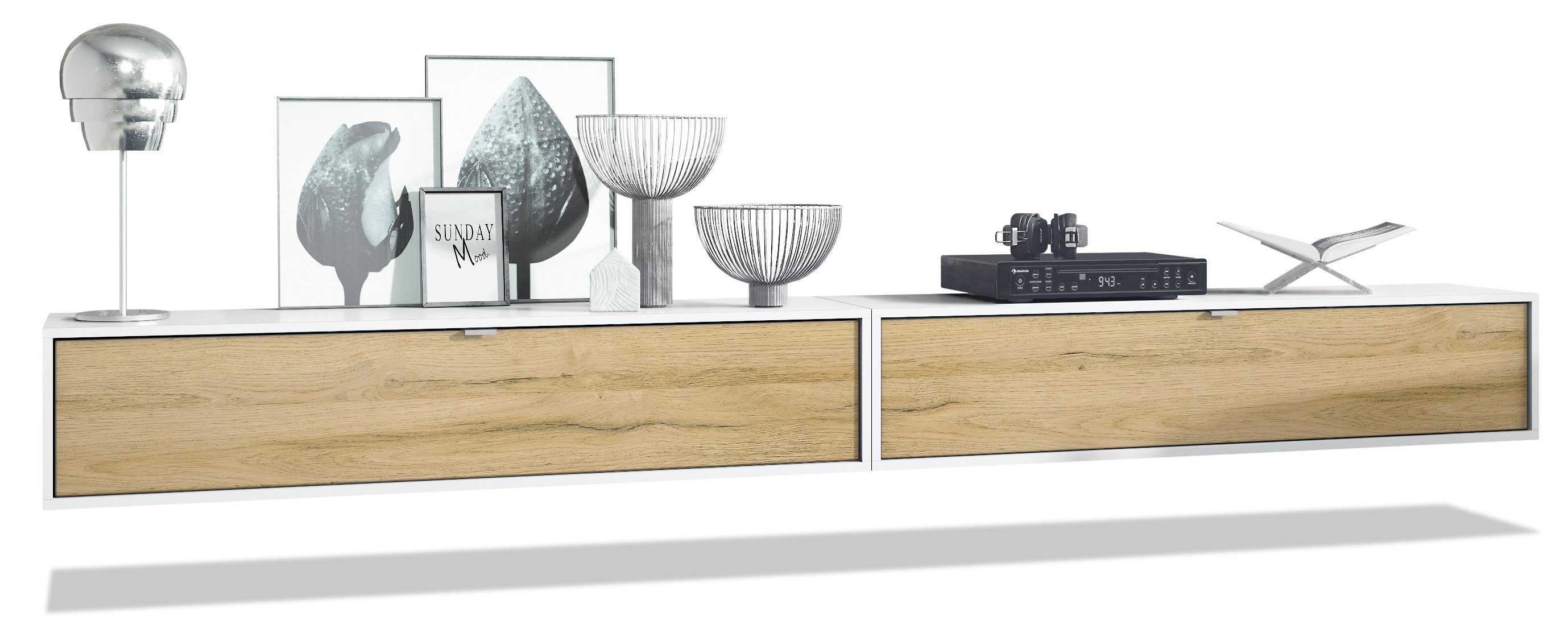 Vladon Lowboard Lana 1400 (2er-Set Tv-Kommode, mit Klappe dahinter 3 Fächer), Weiß matt/Eiche Natur (140 x 29 x 37 cm)