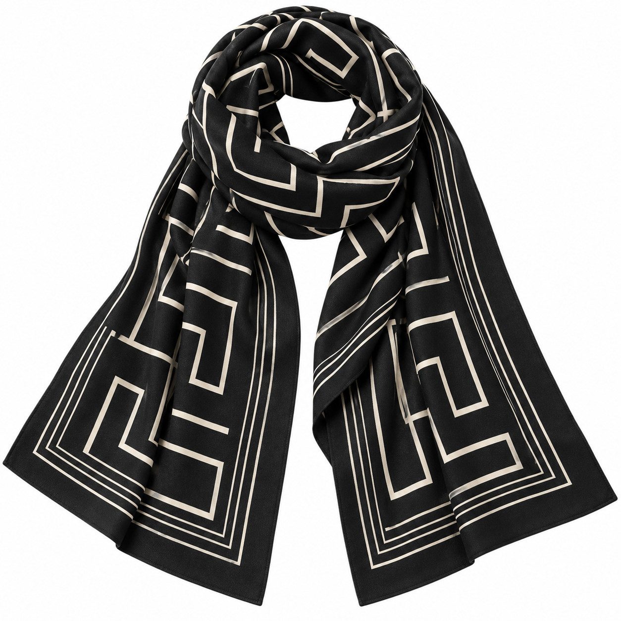 LK Trend & Style Modeschal Damenschal mit geometrischem Muster, (eleganter Winterschal mit Kaschmir, 70 x 188 cm, Beige/Braun/Schwarz), Die geometrischen Kontraste schmeicheln Ihrem Teint und Kleidungsstil
