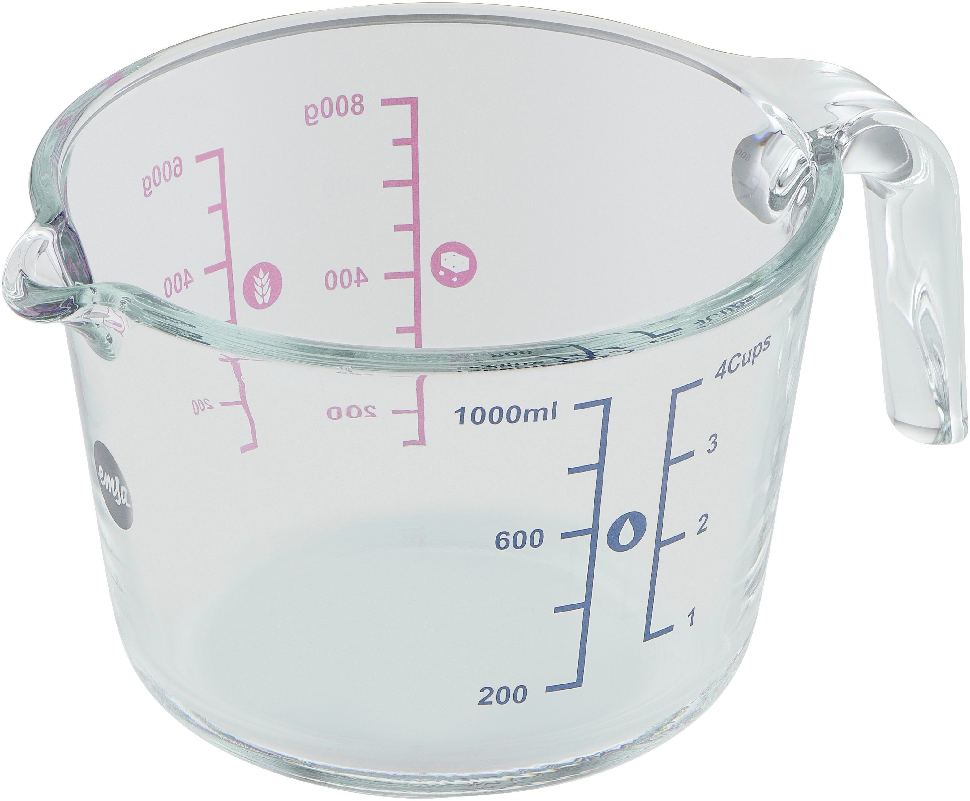 Emsa Messbecher Prep&Bake, Glas, (1-St), doppelte Skalierung f. feste & flüssige Zutaten, Ausgießlippe