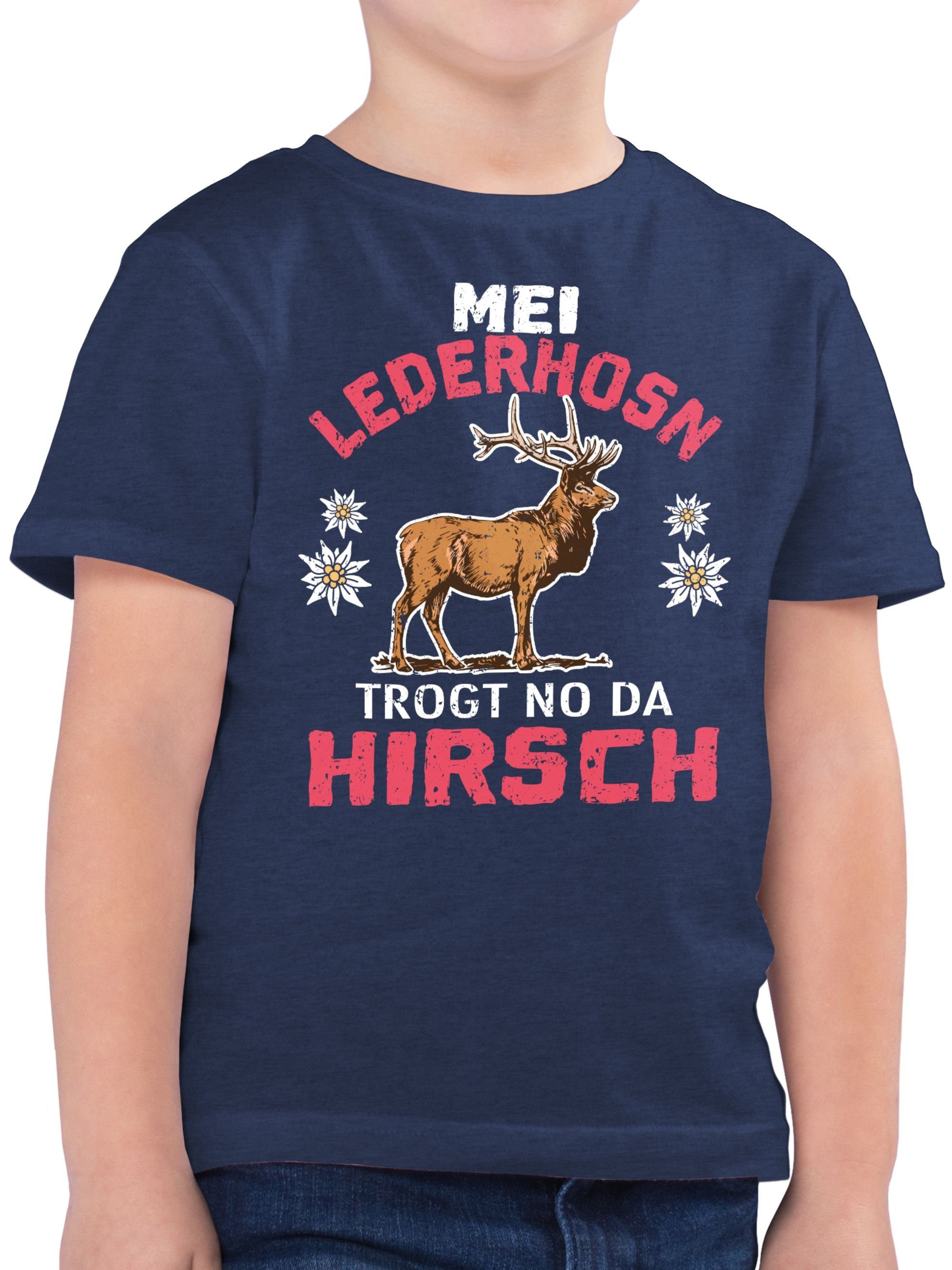 no Shirtracer für da Dunkelblau Meliert Hirsch trogt Outfit 3 - Lederhosn Mode weiß/rot T-Shirt Mei Oktoberfest Kinder