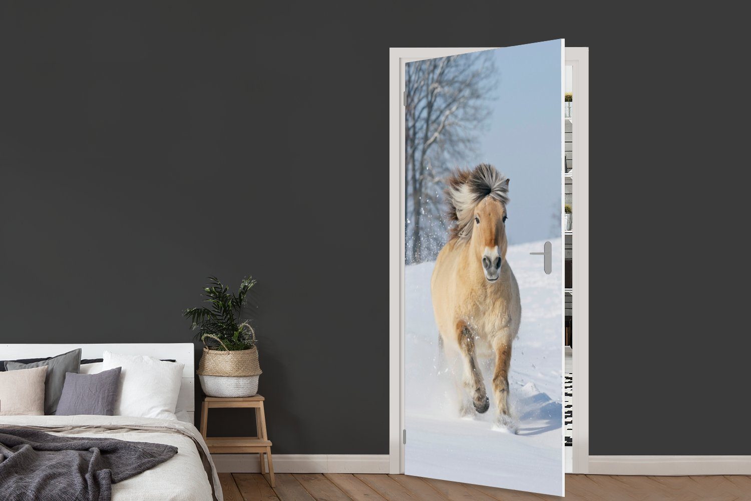 MuchoWow 75x205 im Laufendes Schnee, Fjordpferd bedruckt, Türaufkleber, für Fototapete St), (1 cm Türtapete Matt, Tür,
