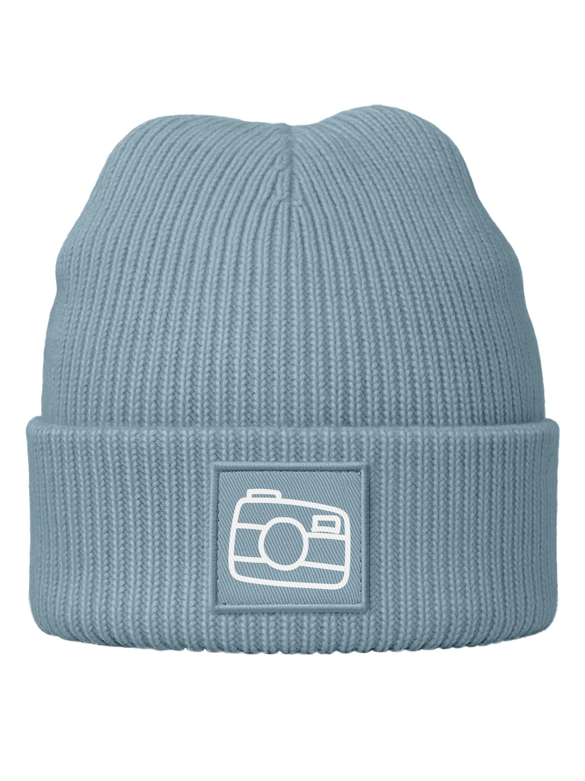 Strickmütze Damen Beanie Patch bedruckt Kamera Logo Aufdruck Print Wintermütze