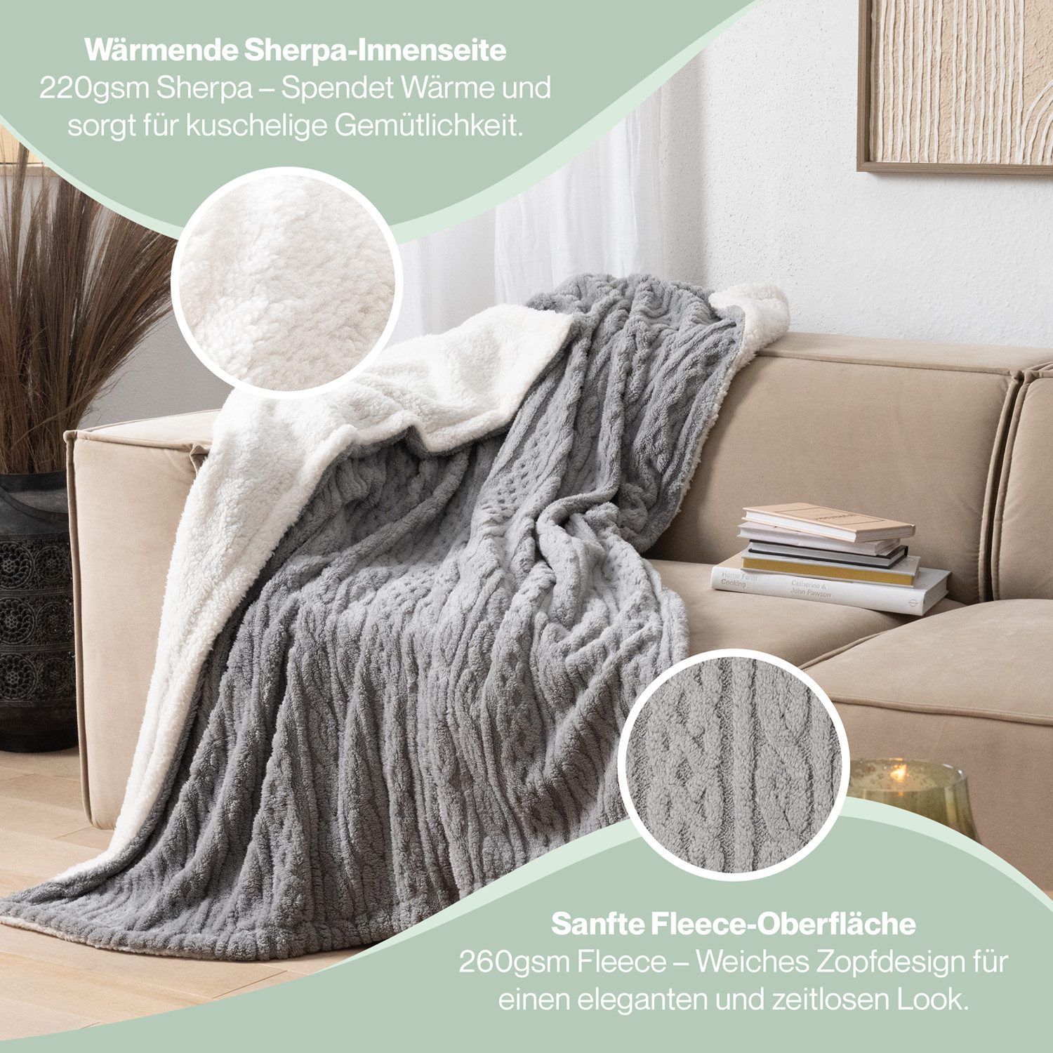Wohndecke Oeko-TEX zertifizierte waschbare Wohn- & Kuscheldecke, Blumtal, mit weicher Sherpa-Innenseite