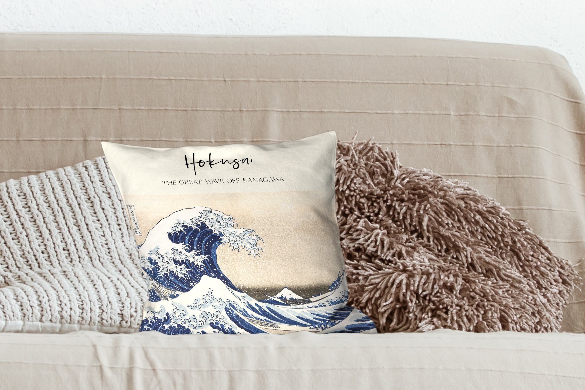 mit von Dekokissen - Wohzimmer, Katsushika Kunst, Schlafzimmer, Füllung Sofakissen Hokusai Deko, für - MuchoWow Japanische Zierkissen Die große Welle Kanagawa