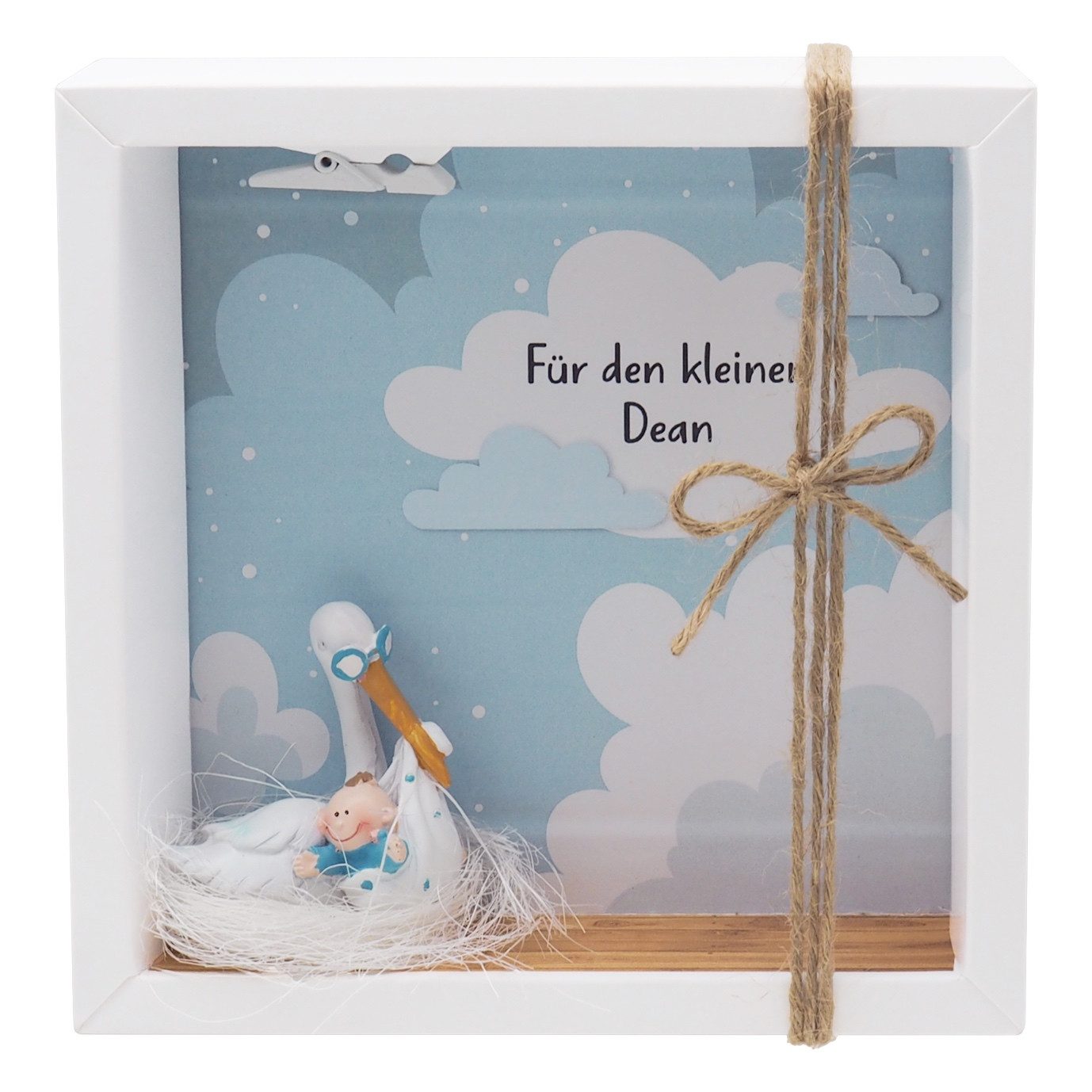 Geschenkbox Geldgeschenk Geldverpackung MIT NAMEN Baby Storch Junge Geburt Taufe