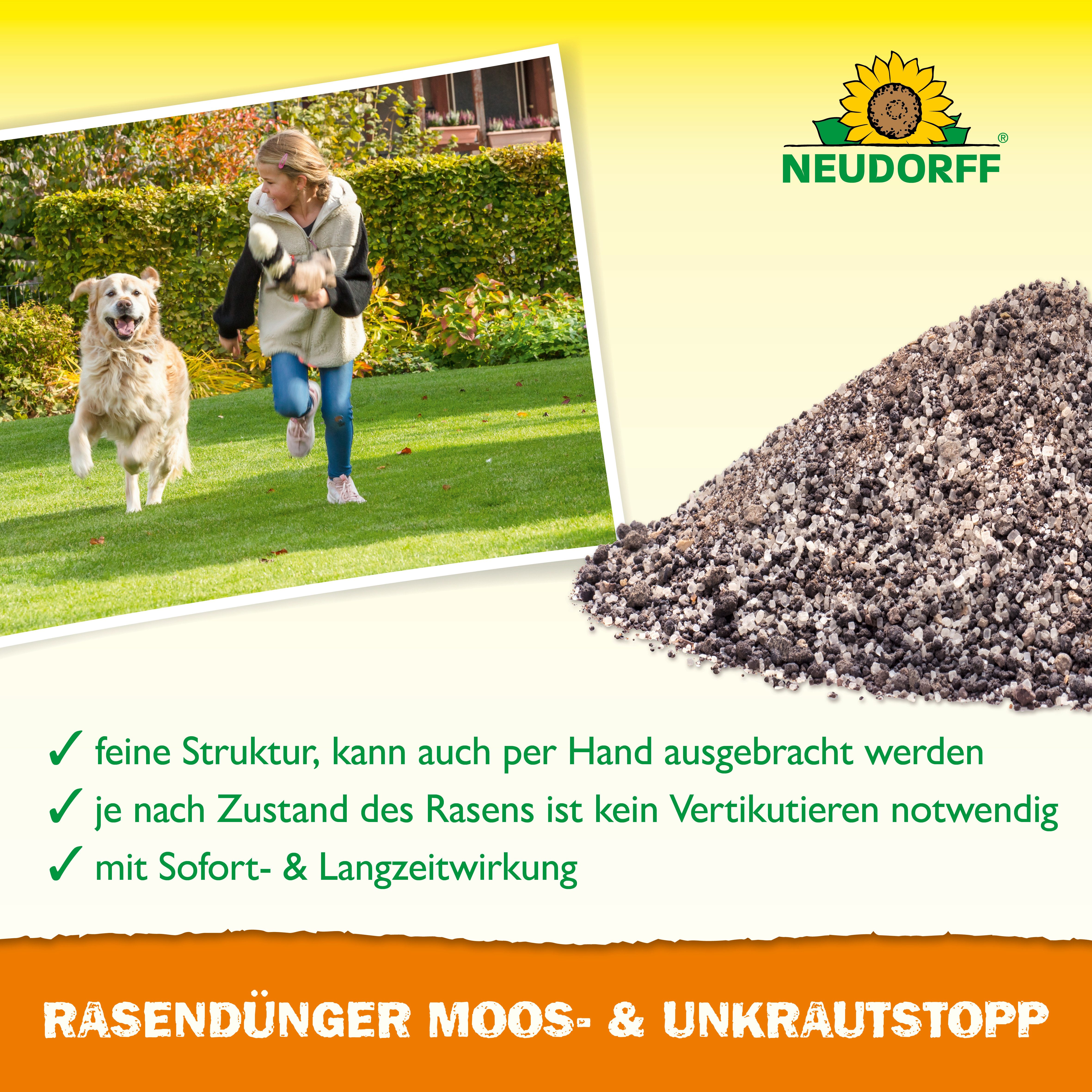 Neudorff Rasendünger Moos- & UnkrautStopp 18 kg, Feines Granulat für bis zu 360 m² Rasenfläche, Organisch-mineralischer NPK-Dünger mit 2,3 % Eisen, Extra Eisen für kräftiges Grün & dichten Rasen