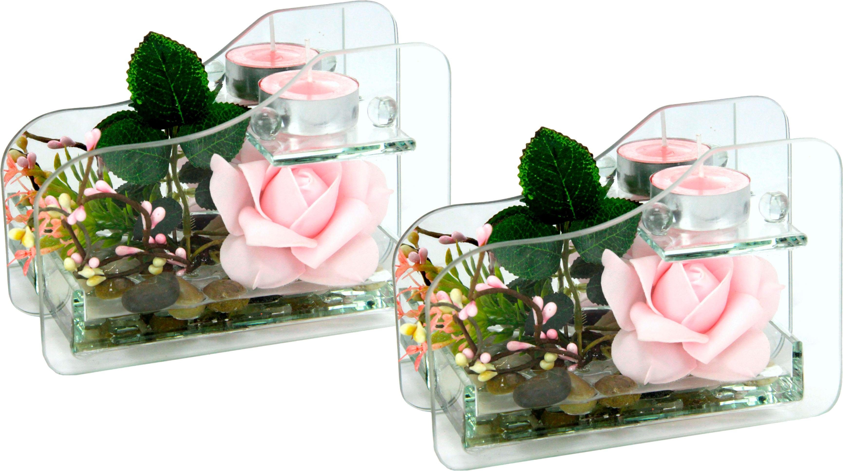 Kunstpflanze Rose im Glas mit Teelicht günstig online kaufen