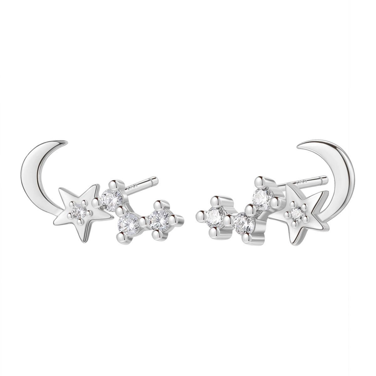 Hey Happiness Paar Ohrstecker Silber Mond Stern Zirkonia klein, 18K vergoldet, 925 Silber Ohrringe Damen Halbmond Stern Kristall, Geschenk Idee