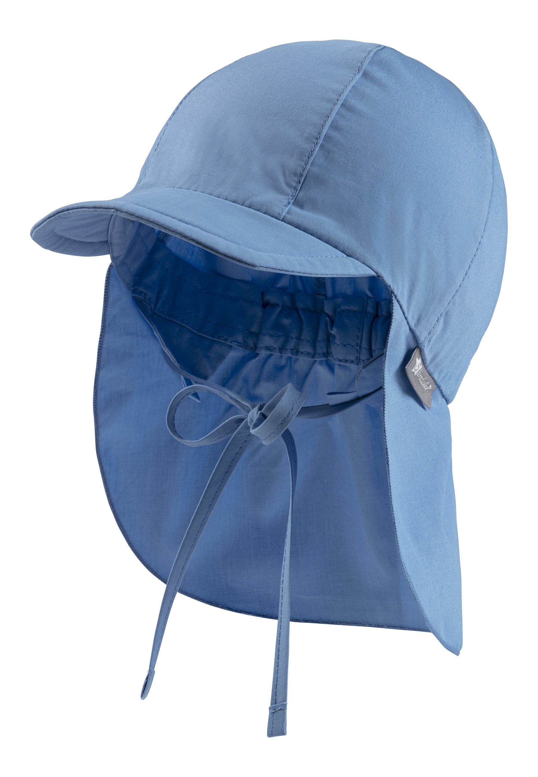 Sterntaler® Schirmmütze mit aus Sommermütze Schirmmütze Kinderhut mit Sonnenschutz und idealer samtblau für Nackenschutz UV-Schutz UV-Popeline (1-St., Kinder) Bindeband 50