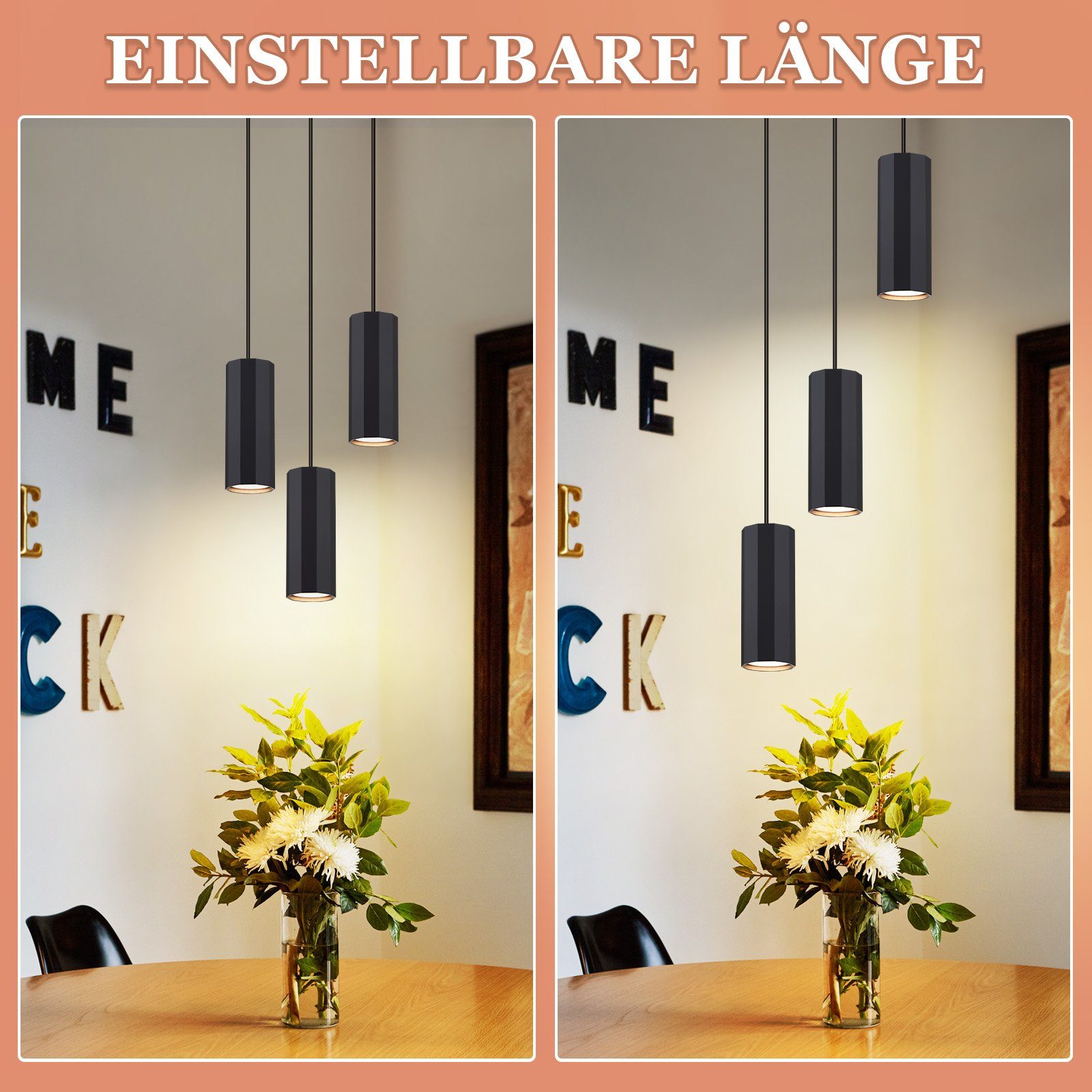 Nettlife Pendelleuchte Esstisch Modern Hängelampe 1/3/4flammig GU10 Pendellampe Schwarz, höhenverstellbar, ohne Leuchtmittel, für Esszimmer Wohnzimmer Küche Sch – Bild 5 von 5