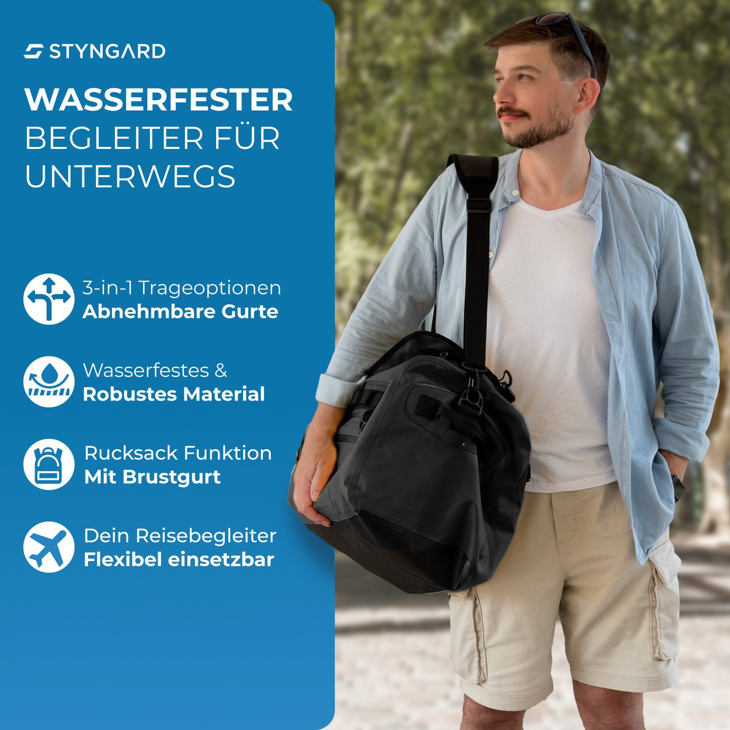Styngard Reisetasche Hamburg, mit Rucksackfunktion - Wasserfester Seesack mit Rucksackfunktion