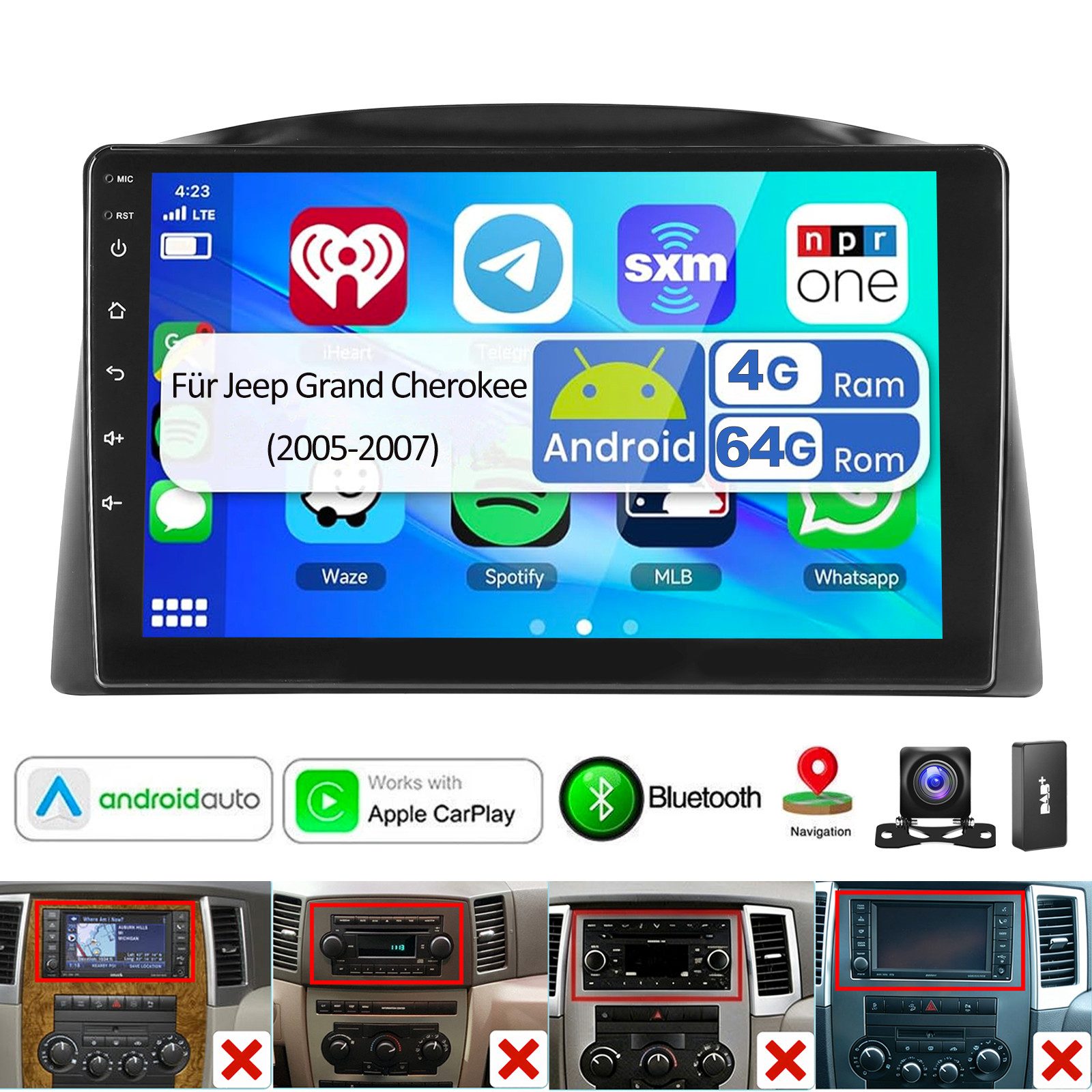 ESSGOO DAB+ Für Jeep Grand Cherokee 2005-2007 Android 15 GPS Navi WIFI BT Autoradio (DAB (optional), DAB+ (optional), 4+64GB(optional), RDS, AM, FM, Carplay Android Auto Bluetooth EQ USB GPS Navi WIFI Touchscreen)