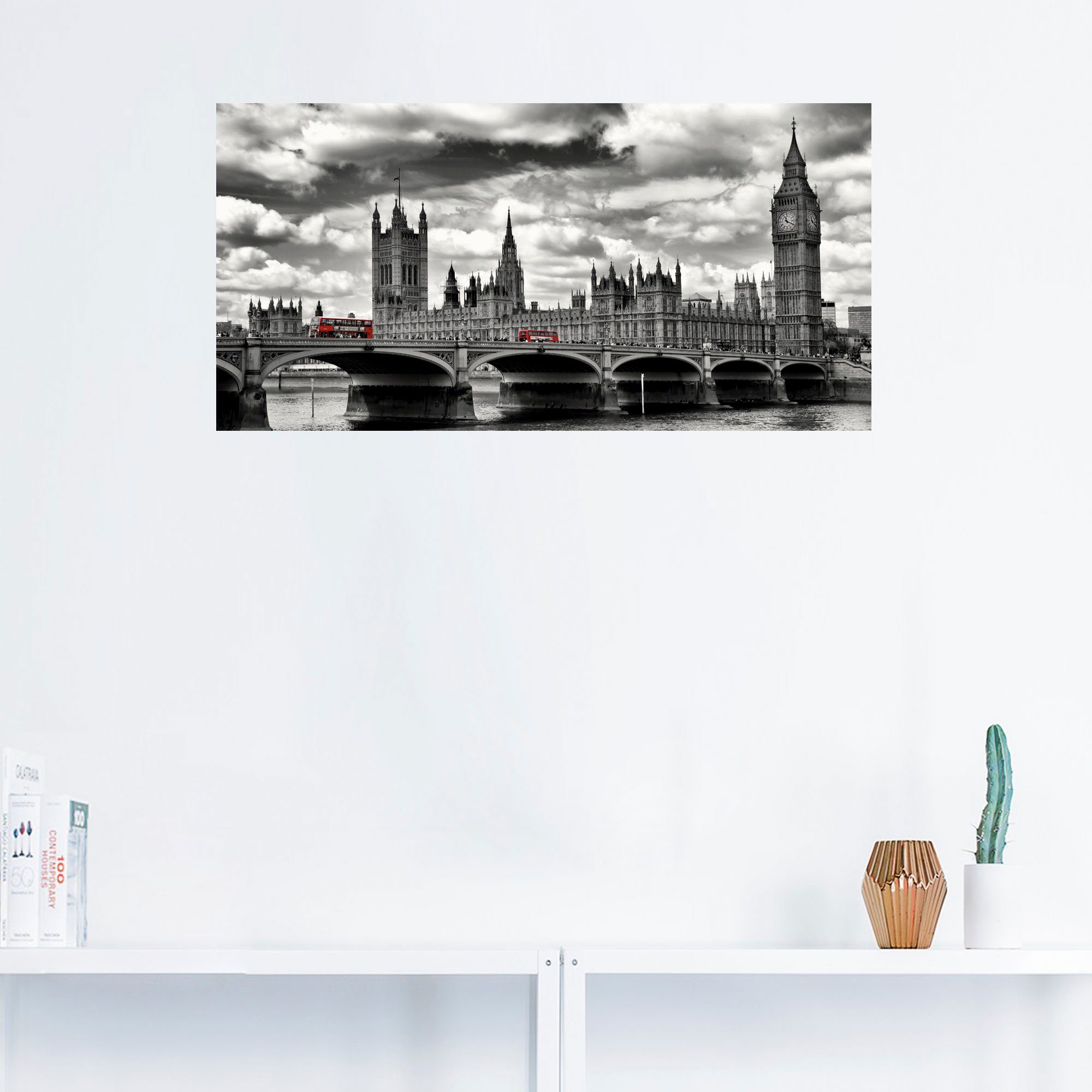 Bridge Poster Größen London Leinwandbild, Wandbild Buses, in Artland Großbritannien & (1 Westminster Alubild, als Wandaufkleber Red St), versch. oder