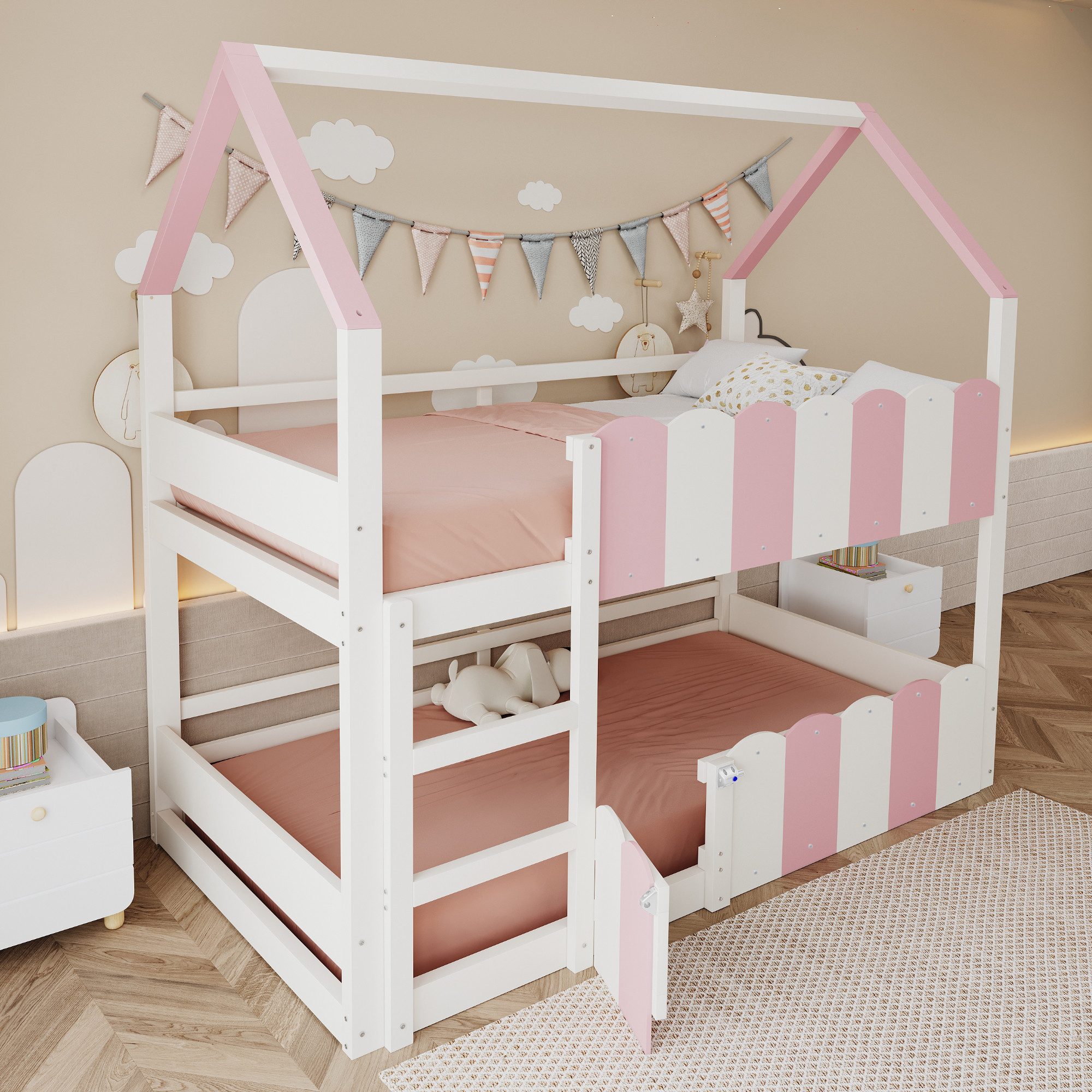 HAUSS SPOLE Etagenbett 90x200 mit Dach&Geländern,Kinderbett Holzbett mit Lattenrost,Rosa (mit Hausrahmen & Sicherheitsgeländer, Hochbett mit Lattenrost und Klapptür, Spiel- & Schlafbereich, 90x200 cm), ohne Matratze, Das untere Bett ist ohne Lattenrost.