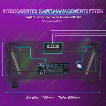 SONNI Gamingtisch Gaming Desk mit LED 140 cm Schreibtisch Computertisch PC ergonomische, mit Getränkehalter und Kopfhörerhaken