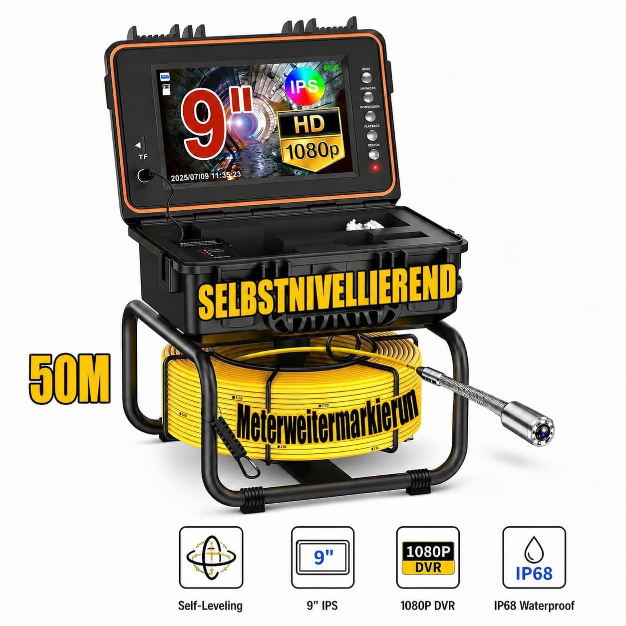 ANYSUN Rohrkamera mit Selbstnivellierung, 9-Zoll-1080P-IPS-HD-Bildschirm Inspektionskamera (HD, 50M Kabel mit Meter-Markiertem Kabel, IP68-wasserdicht, 32GB)