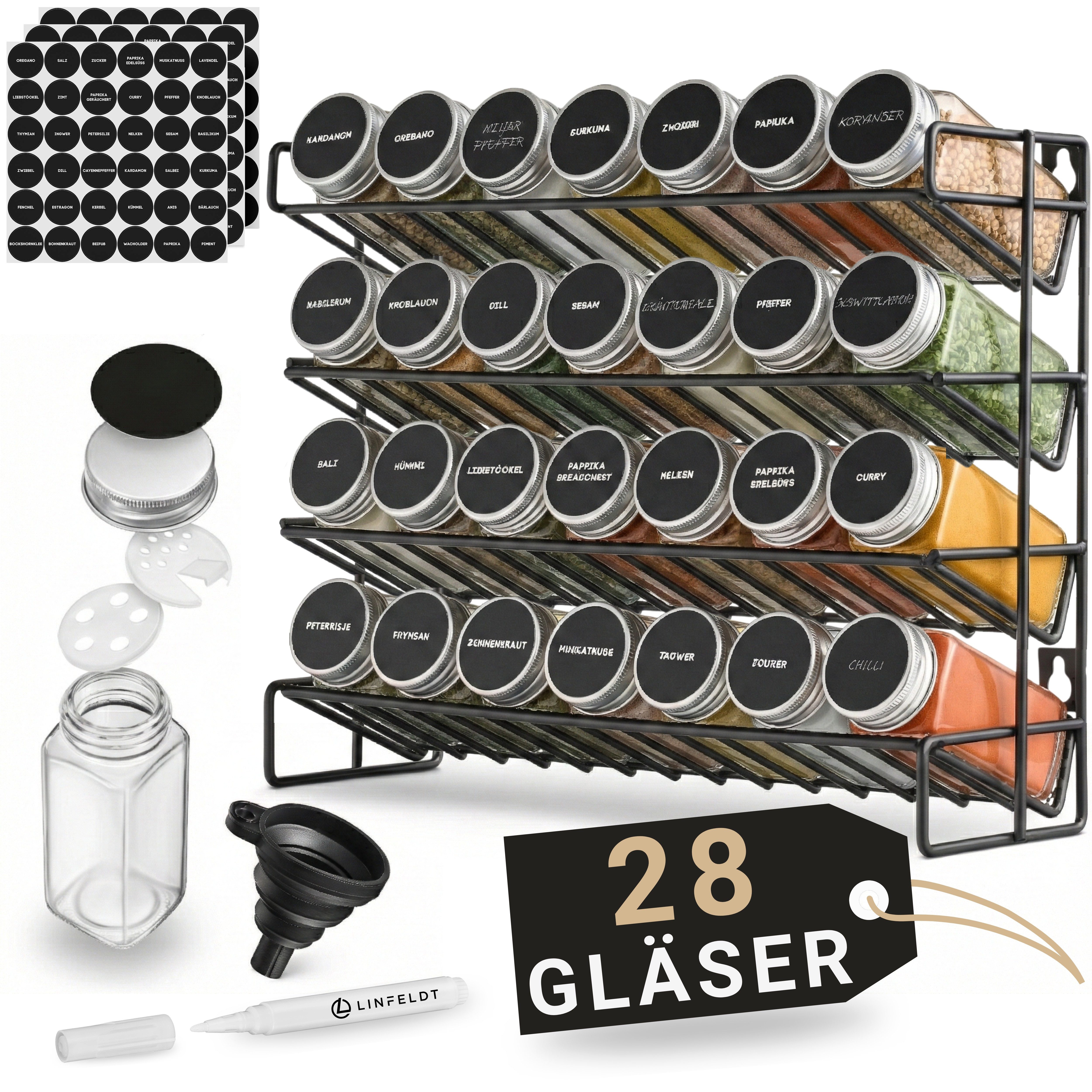 LINFELDT Gewürzregal Gewürzregal 28 Gläser + 108x Sticker, Stift, Schrauben zum Aufhängen. Reduzierter Preis € 39,99. Unverbindliche Preisempfehlung € 79,99, (€ 39,99 pro 1 Stk)
