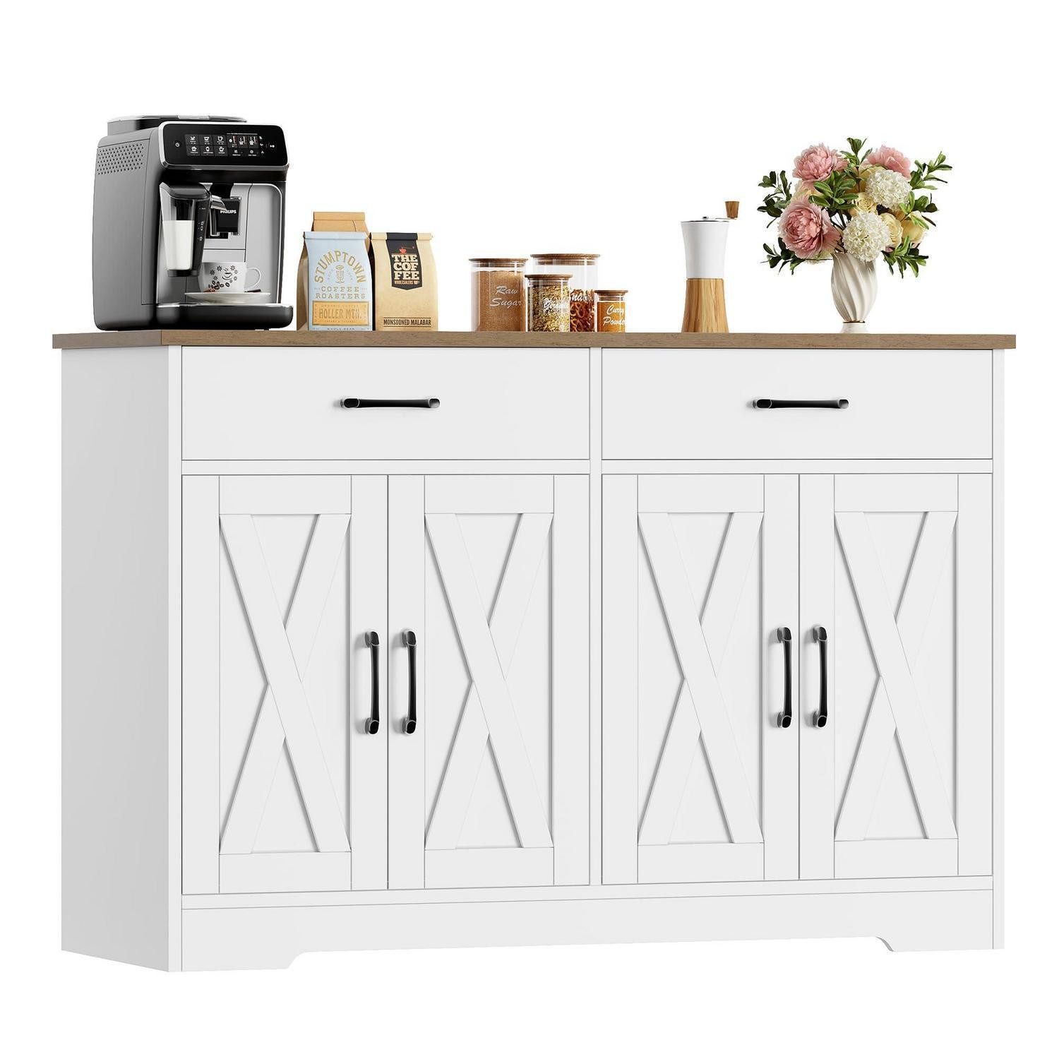 LuxusKollektion Küchenbuffet Sideboard 120cm Arbeitsplatte 2 Schubladen 4 Türen Weiß & Braun