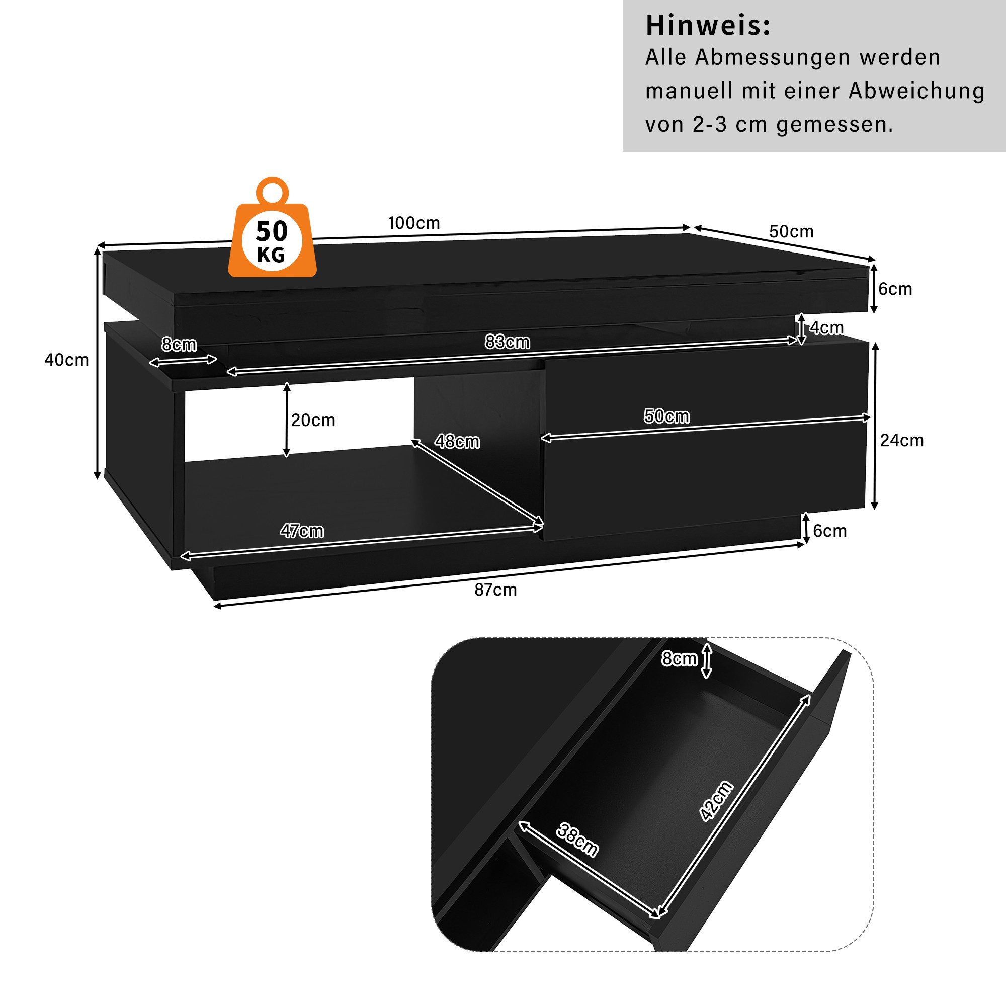 HAUSS SPOLE Wohnzimmer-Set Hochglanz TV-Wandschrank + Couchtisch, Set mit LED-Leuchten schwarz, (Wohnzimmer-Wand-Set, 2-St., 100x50x40cm Couchtisch, 181*38*38cm TV-Schrank), mit LED-Beleuchtung