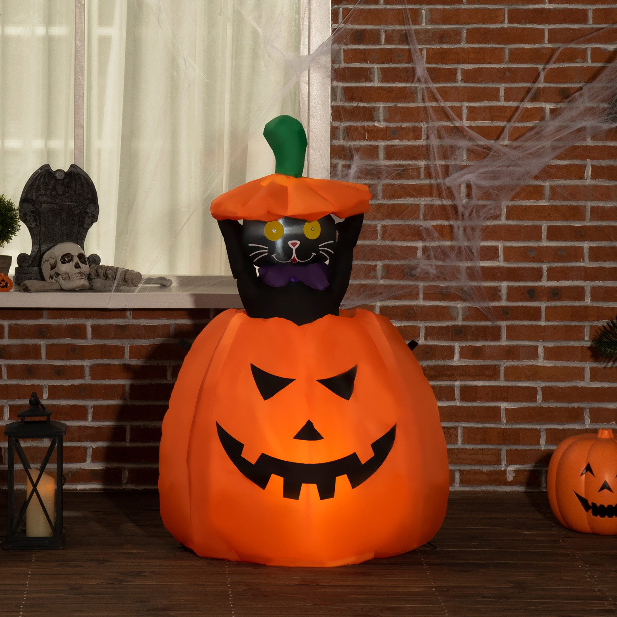 Outsunny LED-Dekofigur Aufblasbar Kürbisgeist Helloween-Gartendeko mit LED wasserdicht (Halloween Deko, 1 St., Halloweendekorationen), Orange 76 x 64 x 91-115 cm