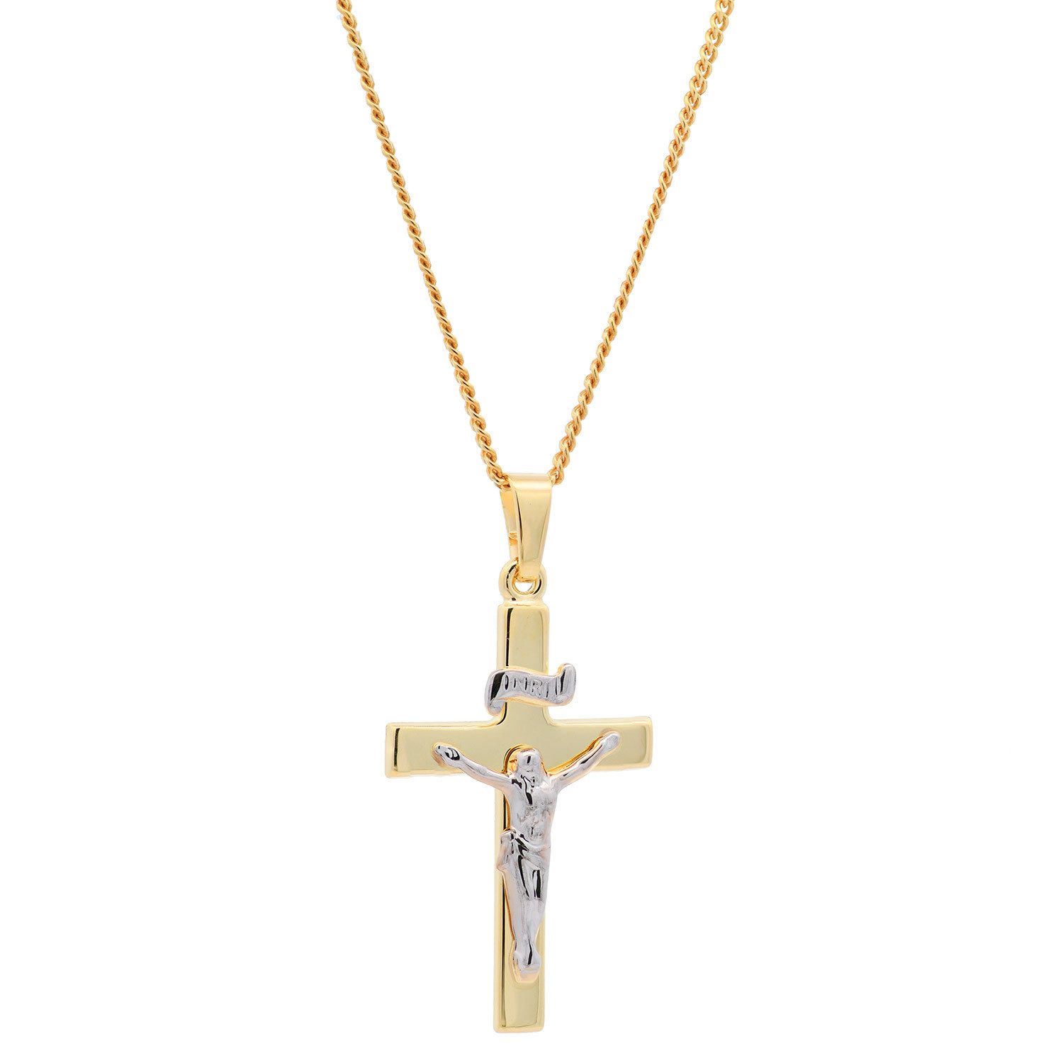 HOPLO Kreuzanhänger Anhänger Kreuz Korpus 585 Gold mit vergoldeter Silberkette 36 cm, Made in Germany