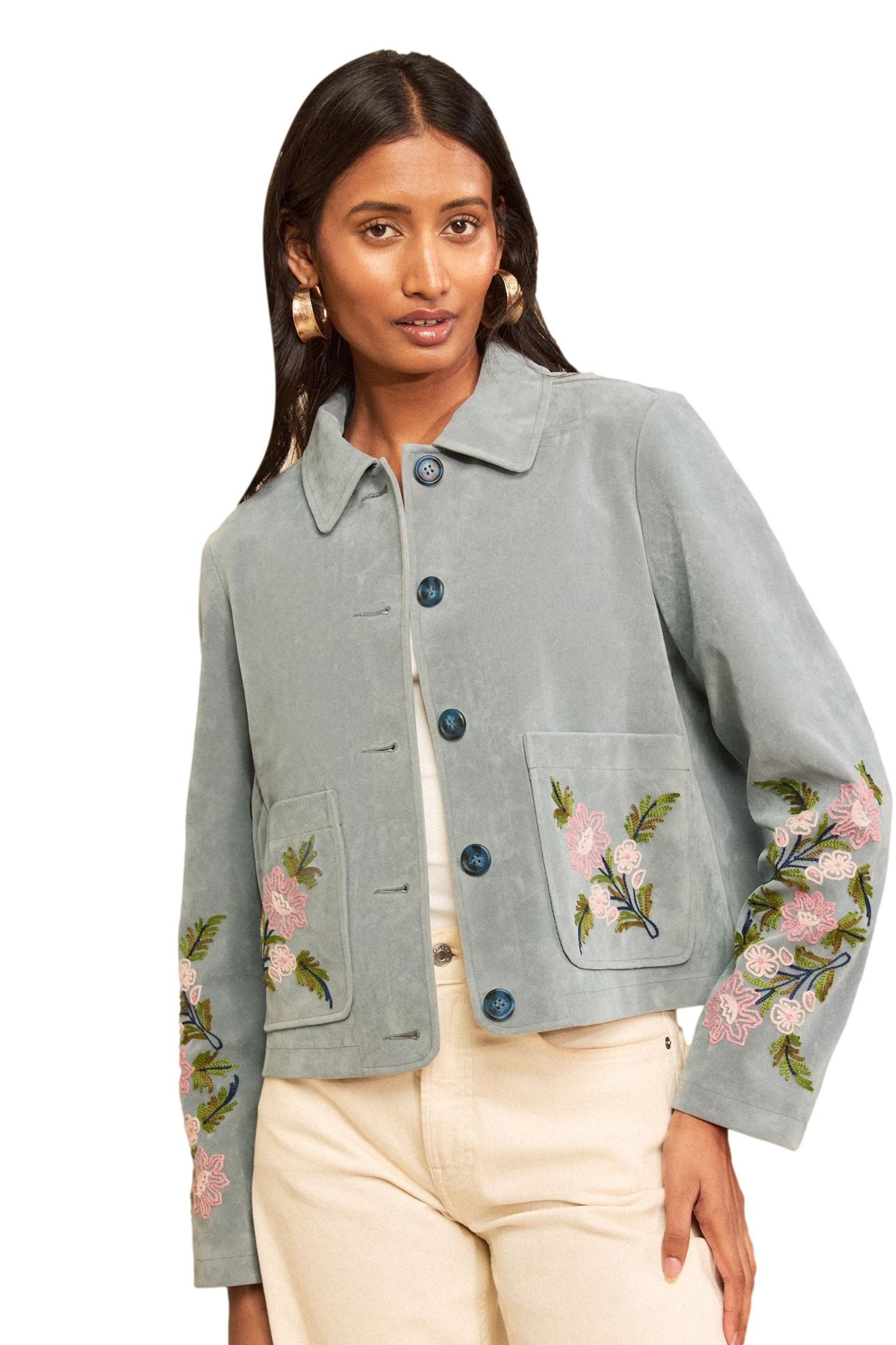 Love & Roses Lederimitatjacke Love & Roses Velourslederjacke mit Blumenstickerei (1-St)