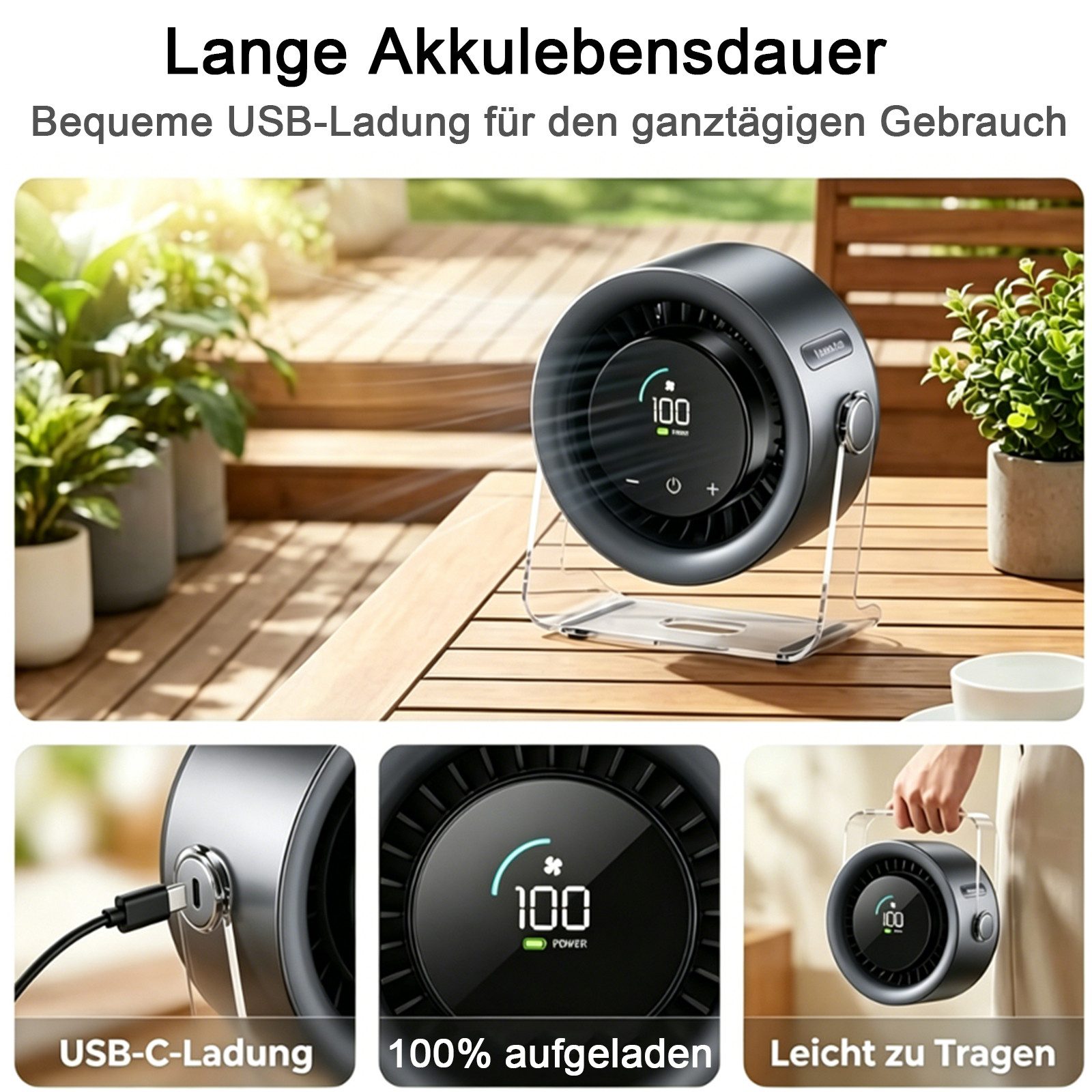 MOPUEA Tischventilator 100-stufiger leiser USB Tischventilator mit Akku & Display, 100 Stufen, leise, Akku 3000mAh, 120° Oszillation, Display