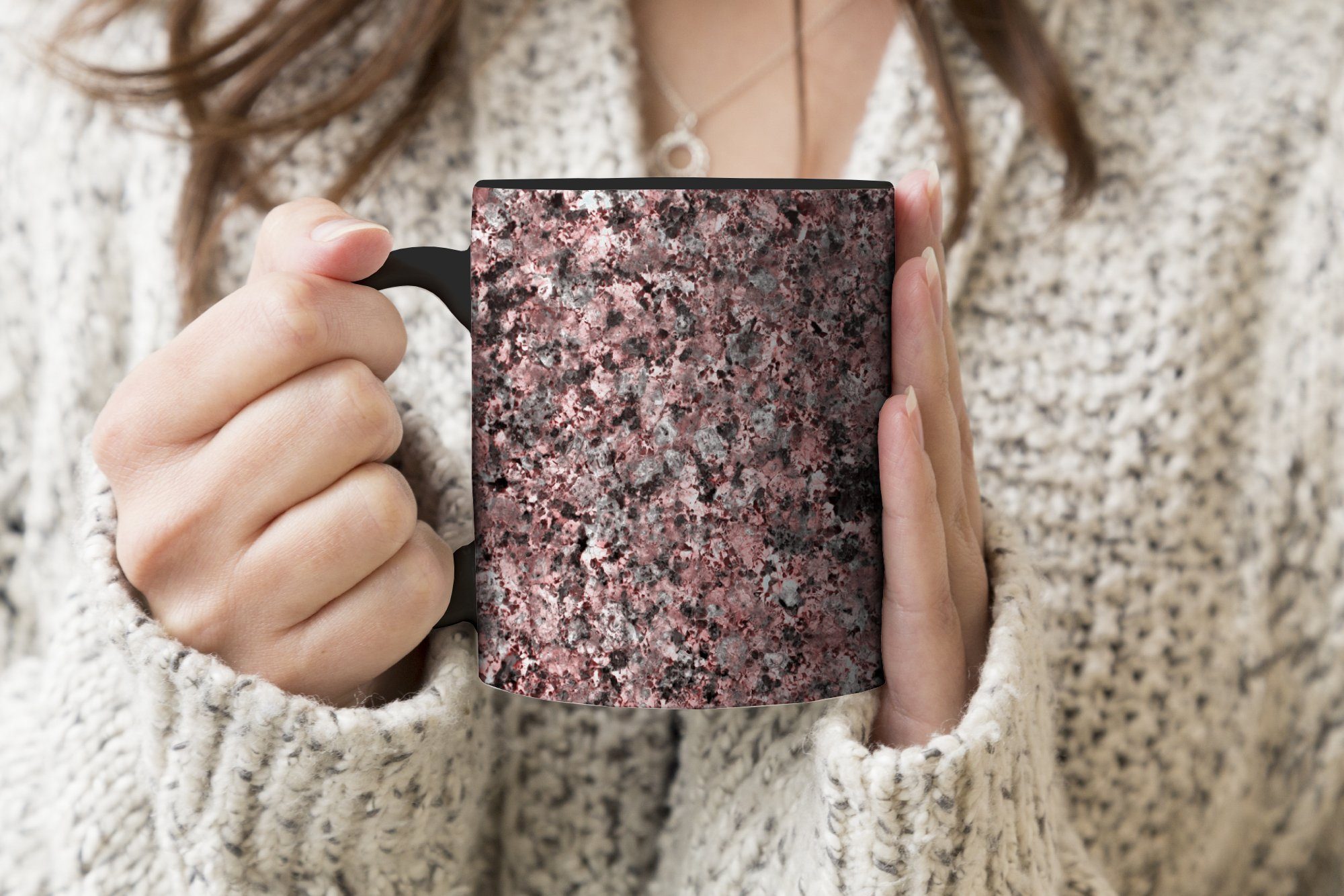 Tasse Geschenk - Schwarz Keramik, - Farbwechsel, Teetasse, Zaubertasse, Kristalle, MuchoWow - Kaffeetassen, Granit Rosa