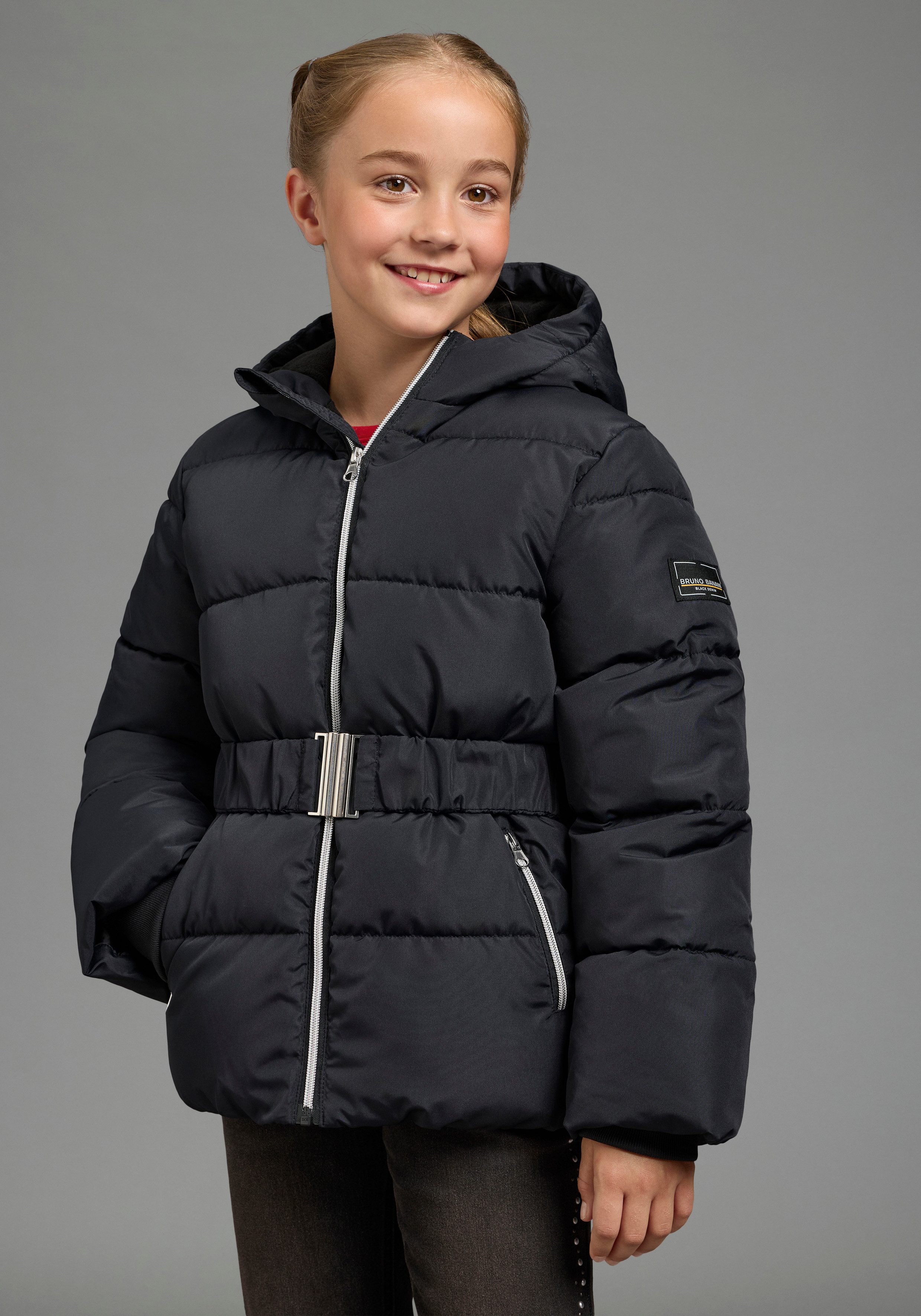 Bruno Banani Winterjacke Winterjacke mit modischen Gürtel, macht eine schöne Silhouette Warme Jacke mit modischem Schnallengürtel und Kapuze, fleecegefüttert