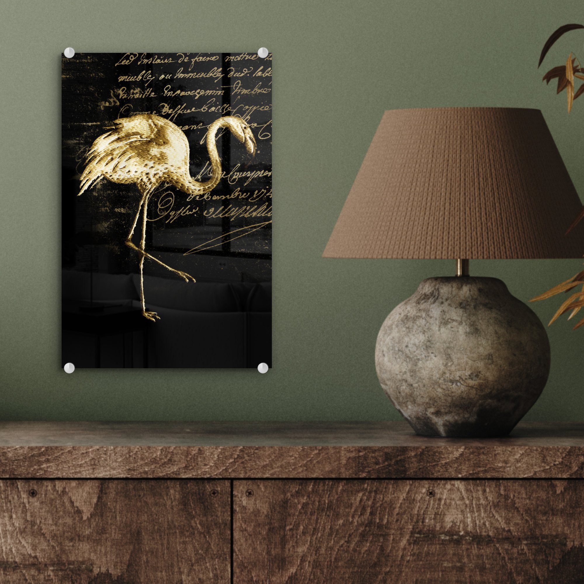 MuchoWow Acrylglasbild Flamingo Foto Wandbild - auf Glas - Illustration - Glas St), Gold, Wanddekoration auf (1 - Glasbilder bunt - Bilder