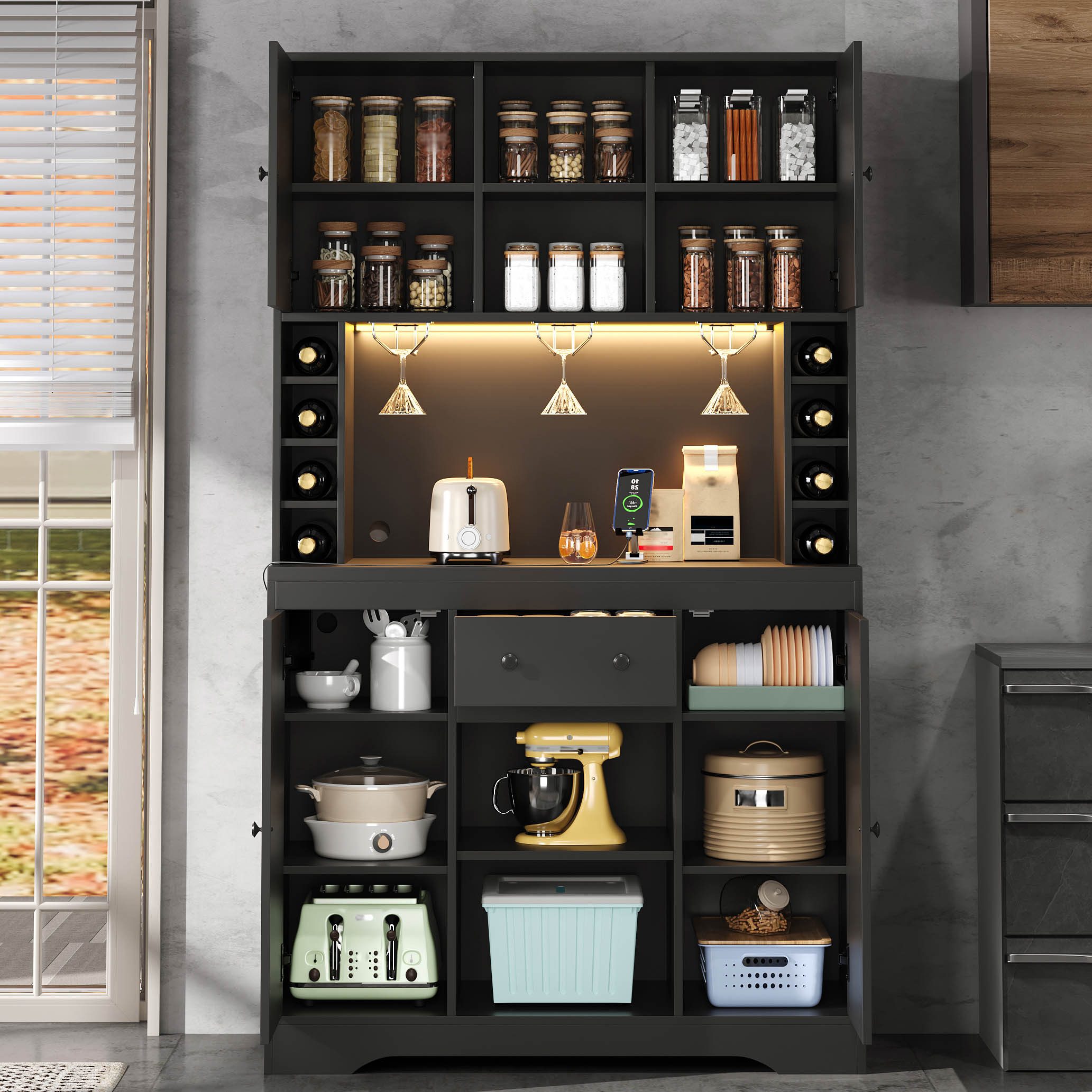 Flieks Küchenbuffet mit Steckdosen, LED-Beleuchtung, Weinregal und Gläserhalter (1-St., B105/T39/H180 cm) Hochschrank Küchenschrank mit verstellbaren Einlegeböden Schwarz