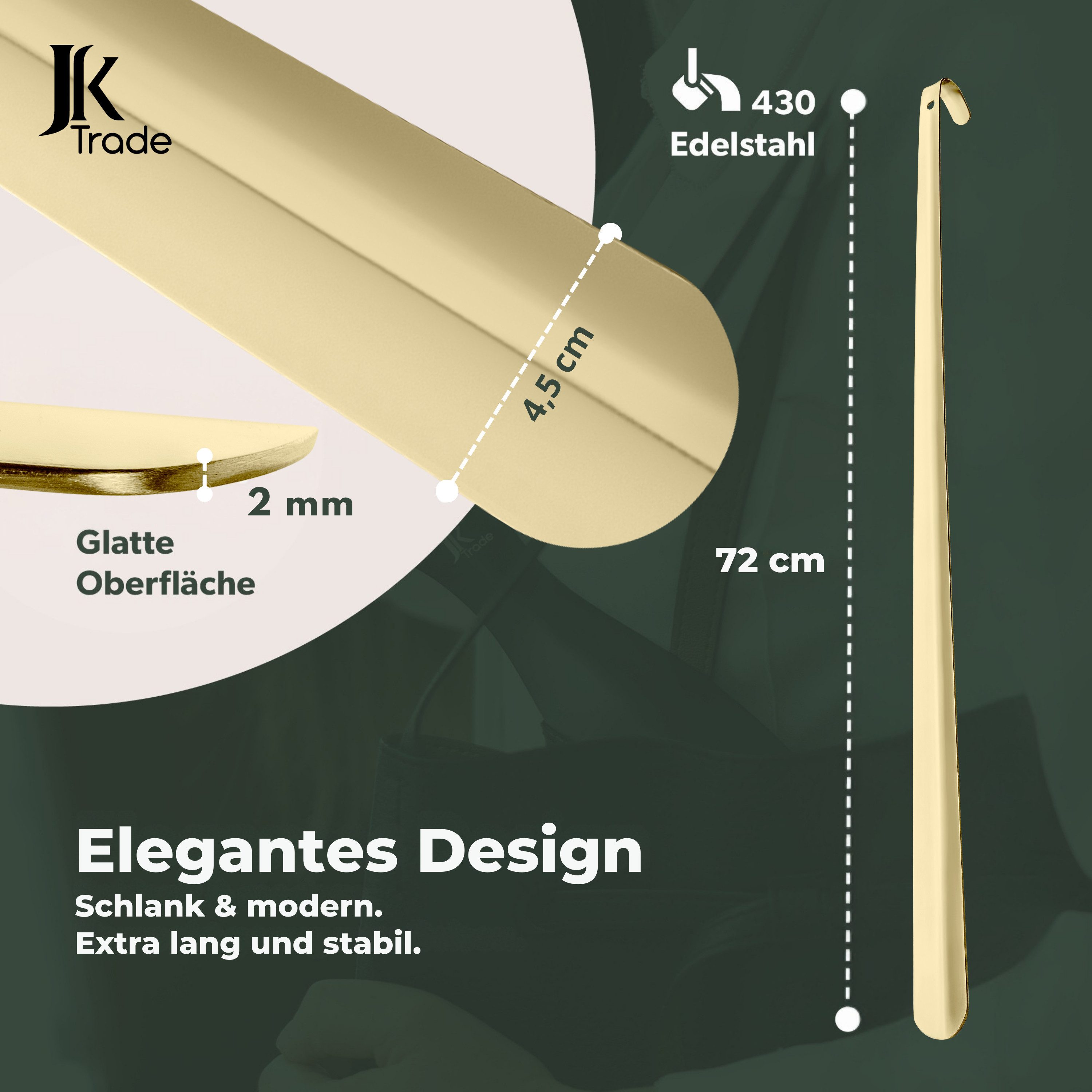 JK Trade Schuhlöffel 72cm Edelstahl Gold poliert (1-tlg., extra lang & stabil), Metall Schuhanzieher lang zum Stehen, Aufhängbar, 2mm Extra Stabil