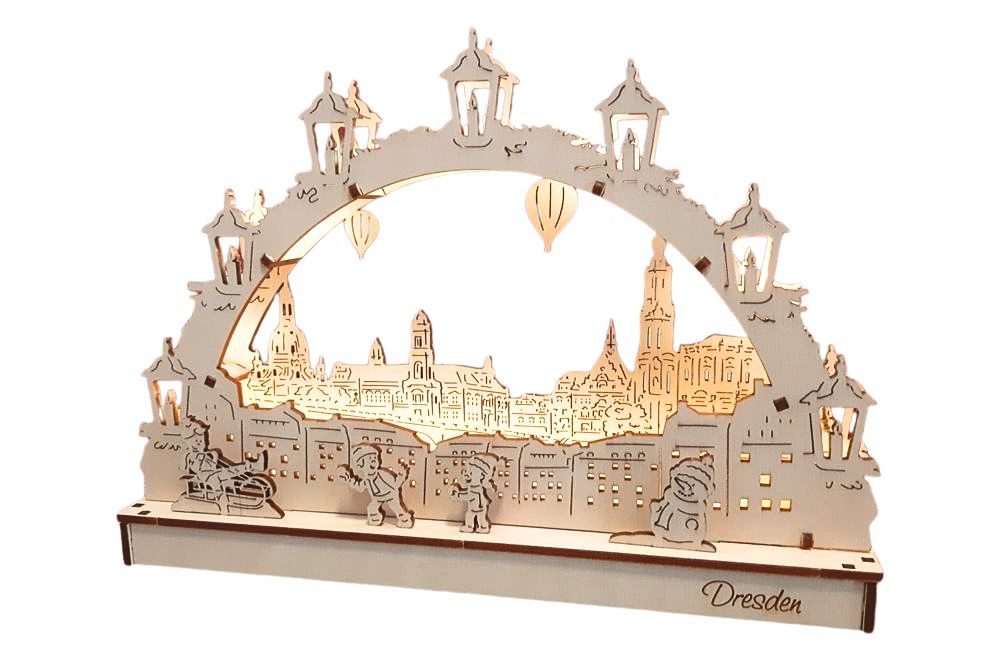 DeColibri LED Schwibbogen DIY Bausatz 3D LED Schwibbogen - Dresden Canalettoblick, Batterie, Holzkunst aus Sachsen, beleuchtet