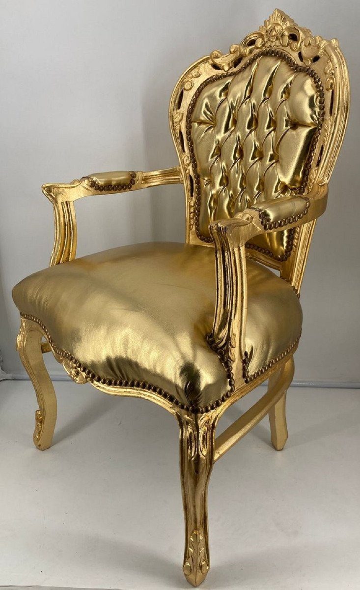 Casa Padrino Esszimmerstuhl Barock Esszimmerstuhl mit Armlehnen Gold / Gold - Handgefertigter Kunstleder Stuhl im Barockstil - Barock Esszimmer Möbel